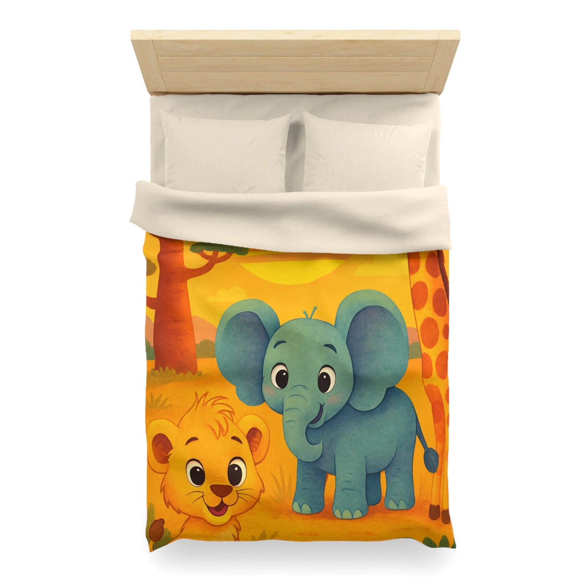 Housse de couette enfants safari animaliers avec lion, éléphant et girafe rigolos