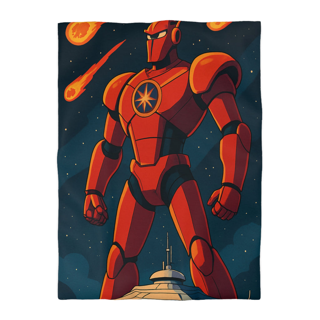 Housse de couette robot géant rouge séduisant avec météores dans l'espace étoilé