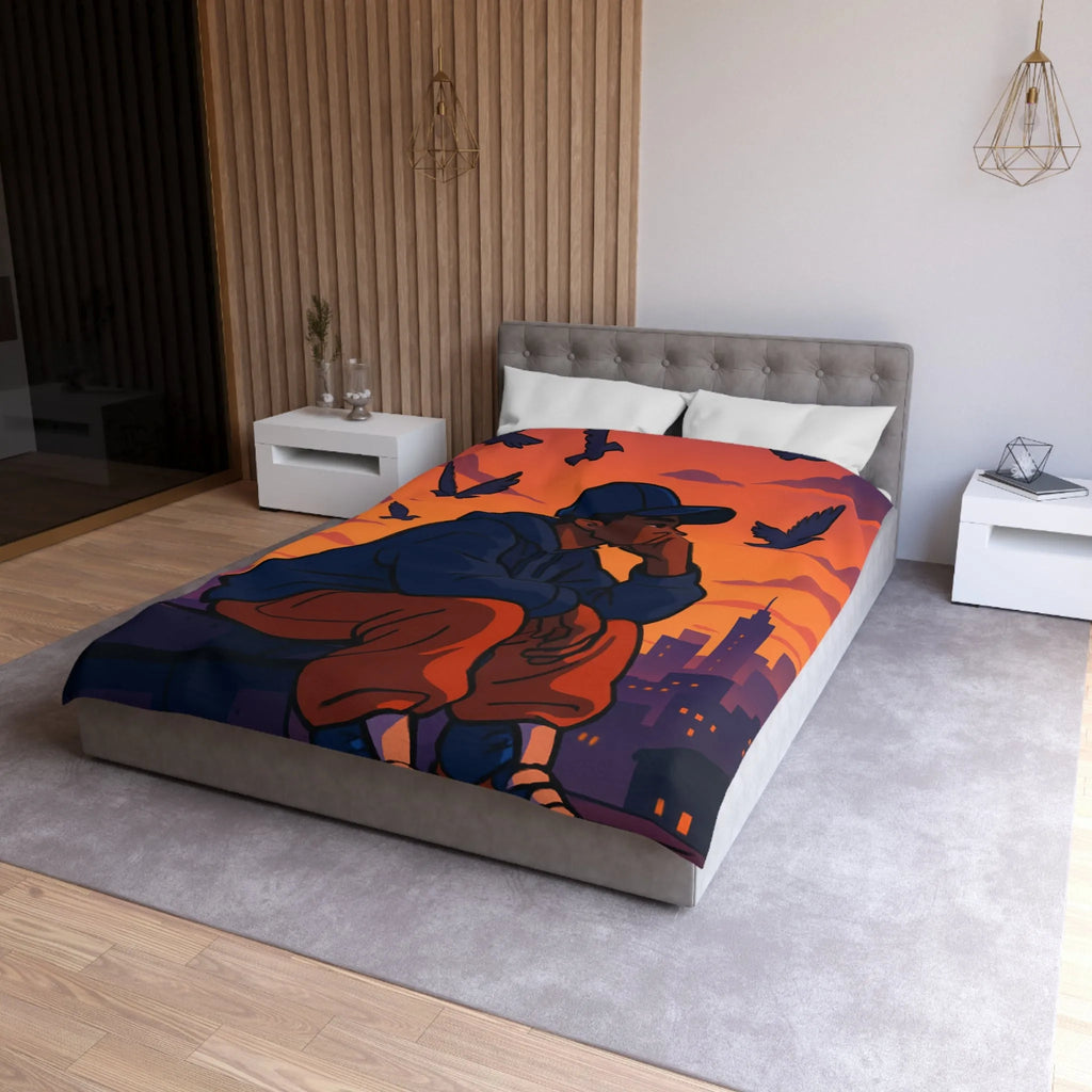 Housse de couette au design urbain moderne avec ciel crépusculaire et silhouette pensive