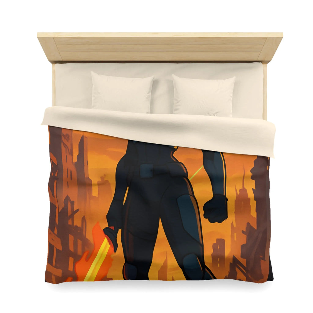 Housse de couette héroïque avec guerrier futuriste, drones volants et paysage apocalyptique