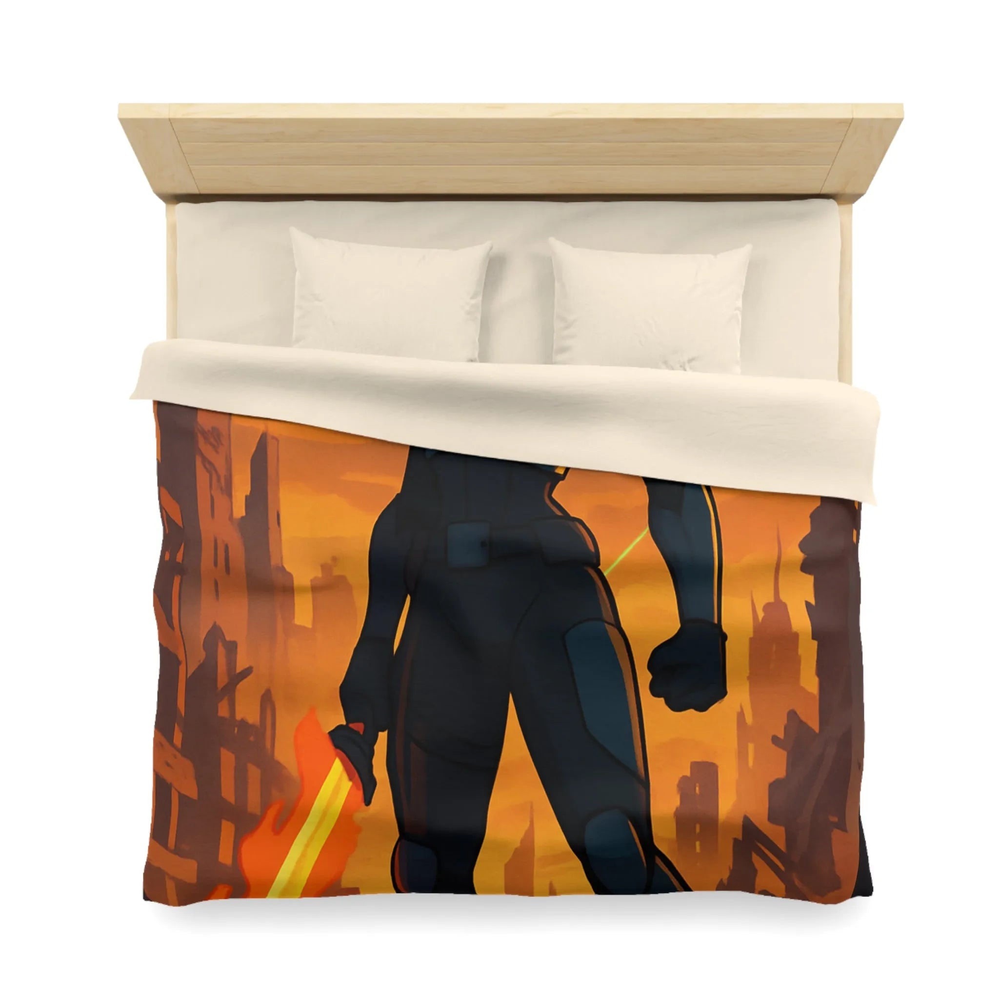 Housse de couette héroïque avec guerrier futuriste, drones volants et paysage apocalyptique