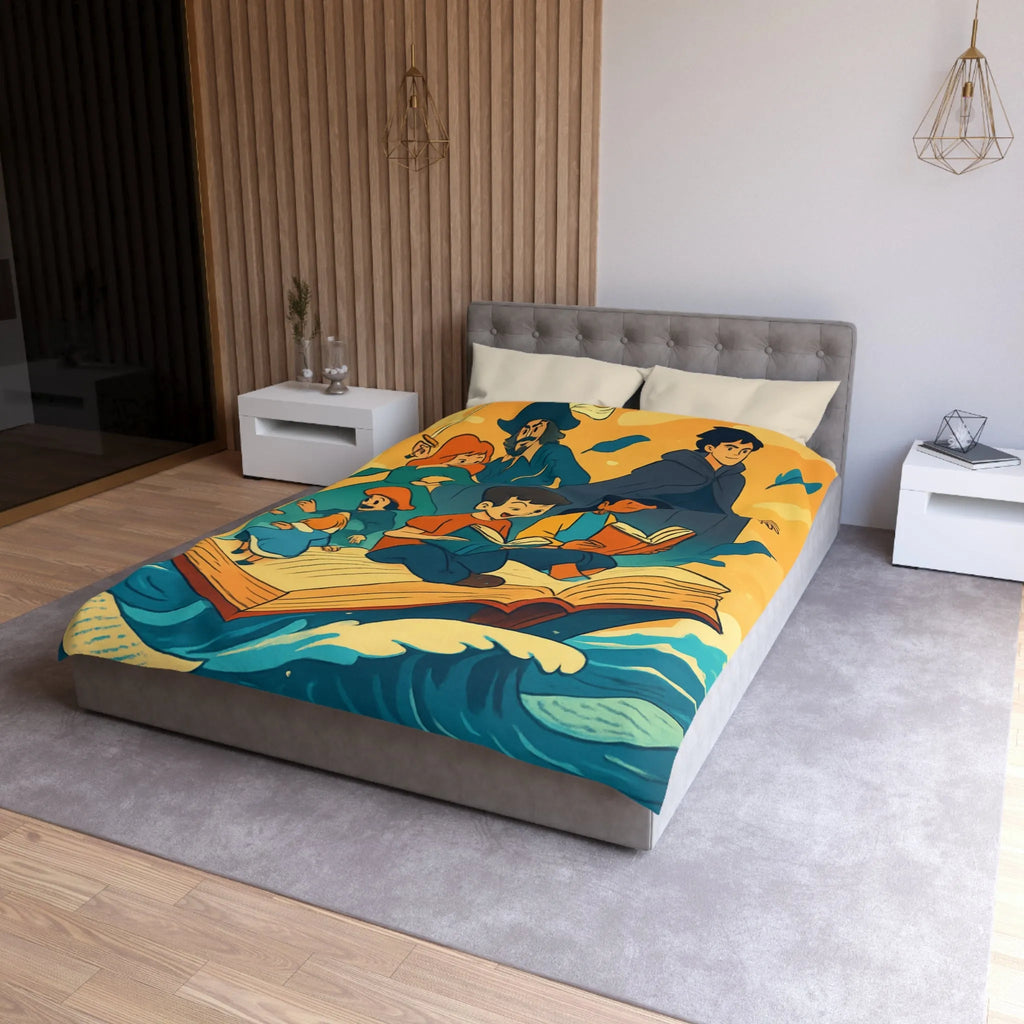 Housse de couette enfant rêve fantastique avec livre, vagues et personnages imaginaires