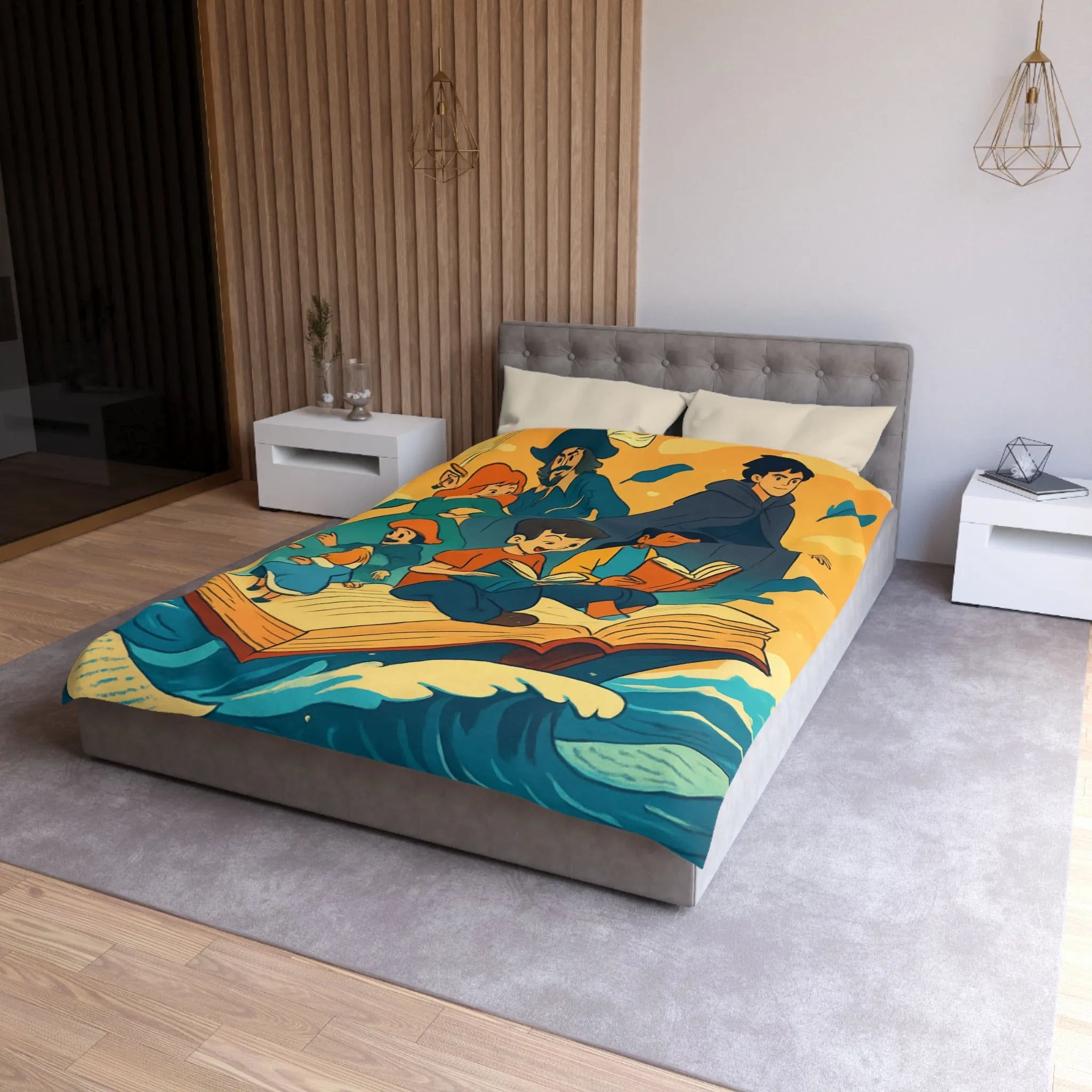 Housse de couette enfant rêve fantastique avec livre, vagues et personnages imaginaires
