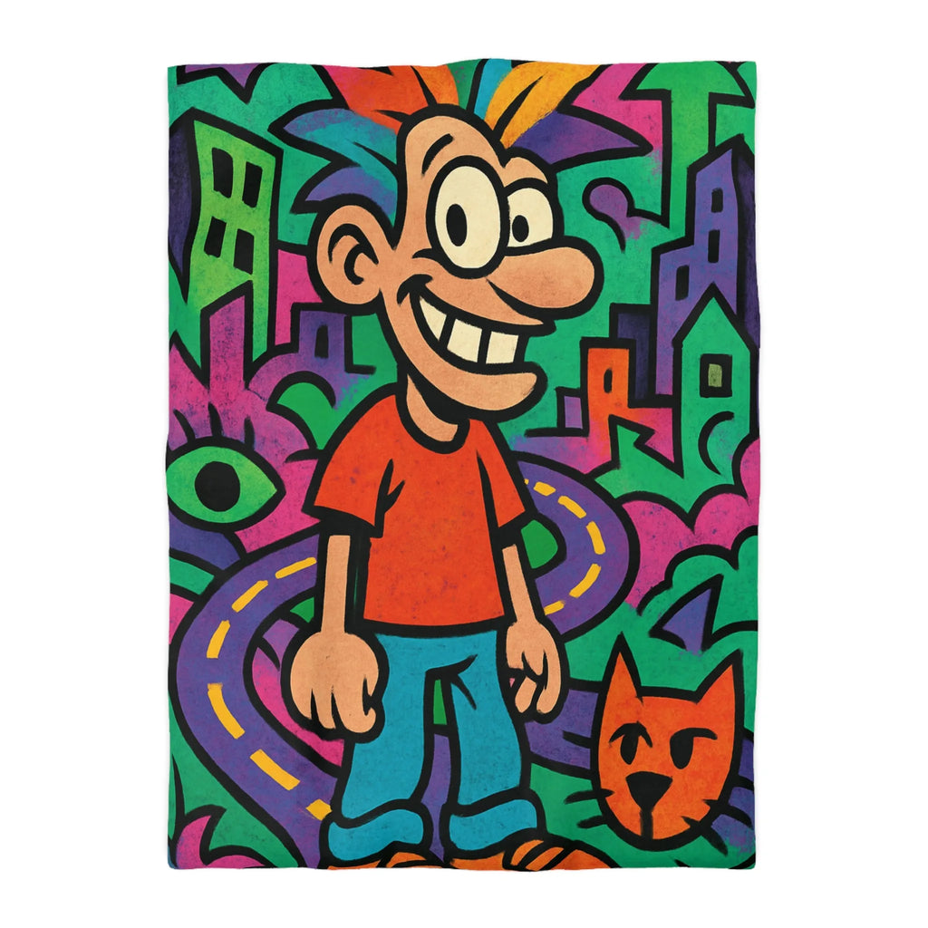 Housse de couette colorée motifs urbains et dessins animés, style pop art dynamique