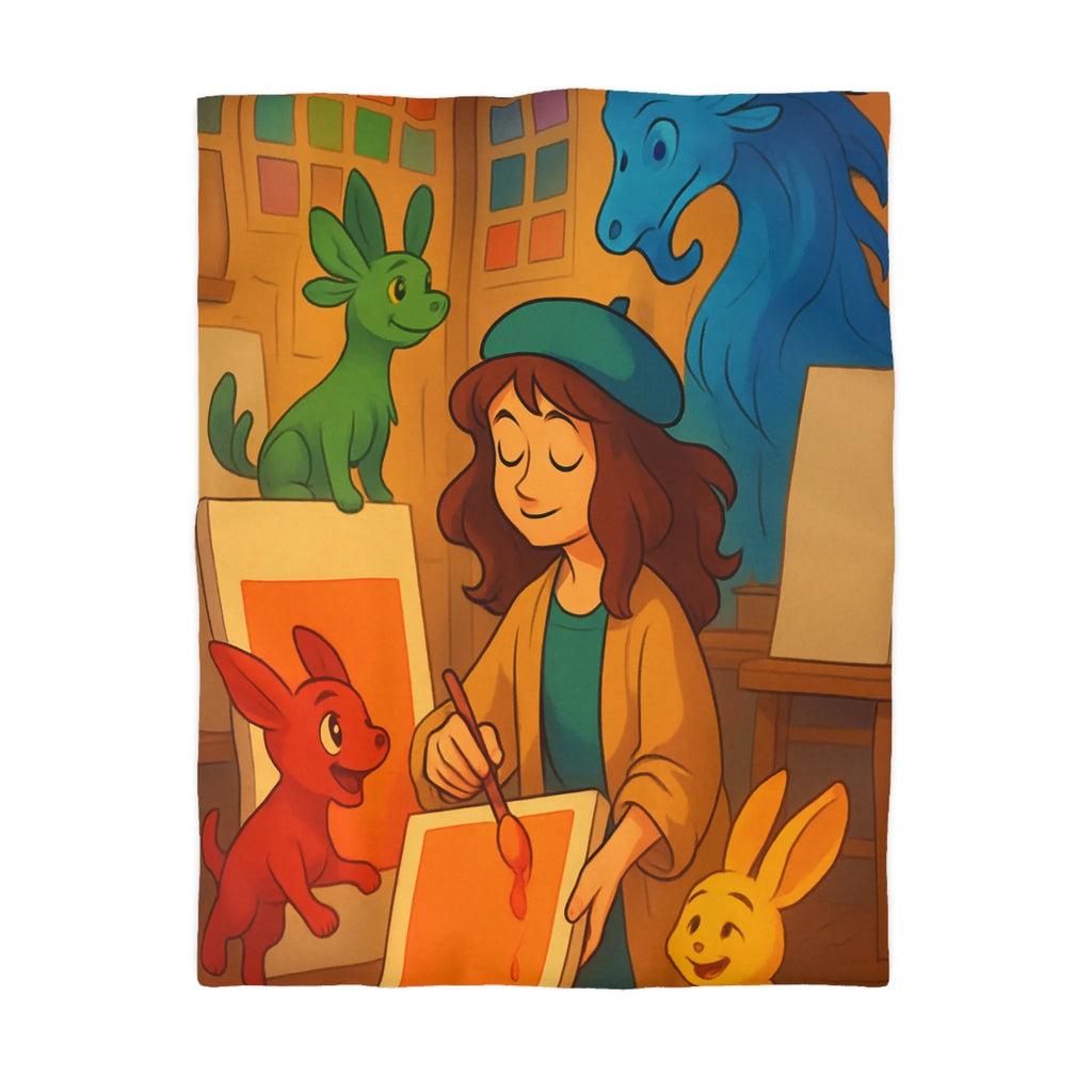 Housse de couette colorée avec artiste et animaux en studio d'art lumineux