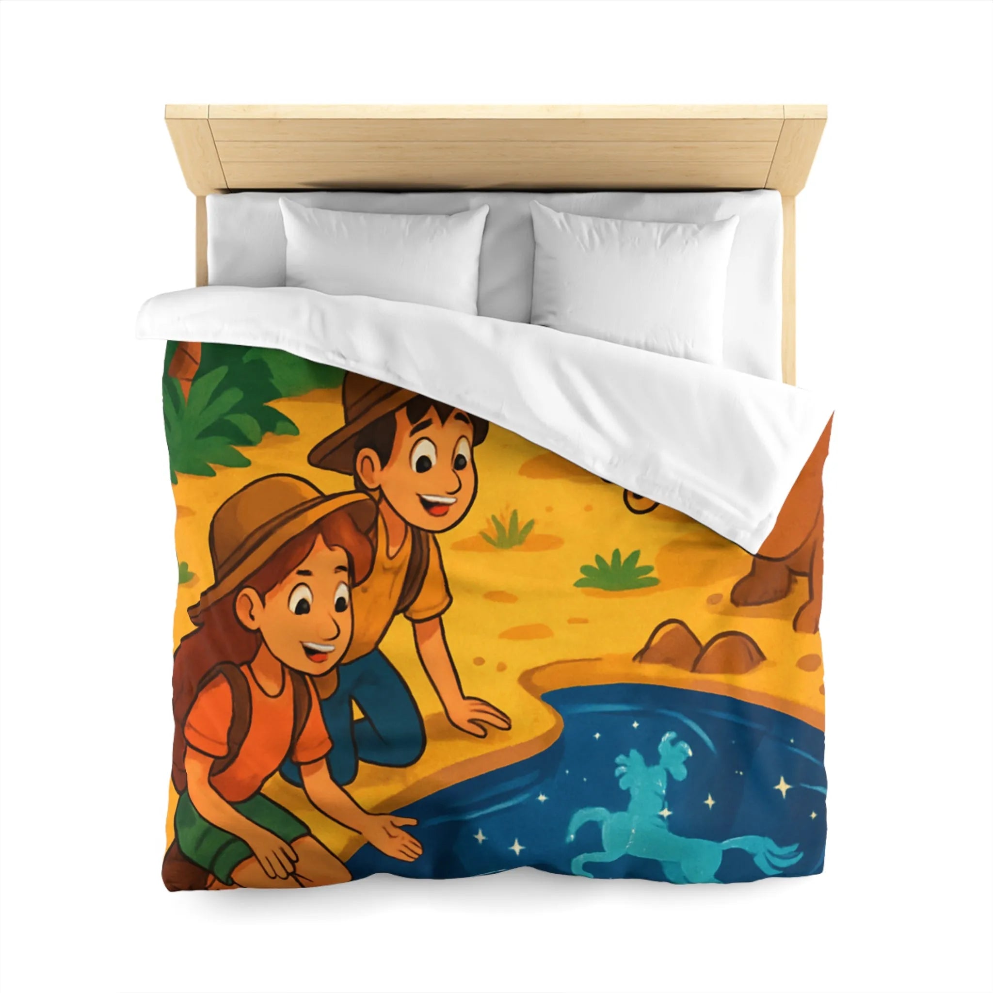 Housse de couette désert exotique enfants étoiles, animaux et aventuriers explorant oasis magique