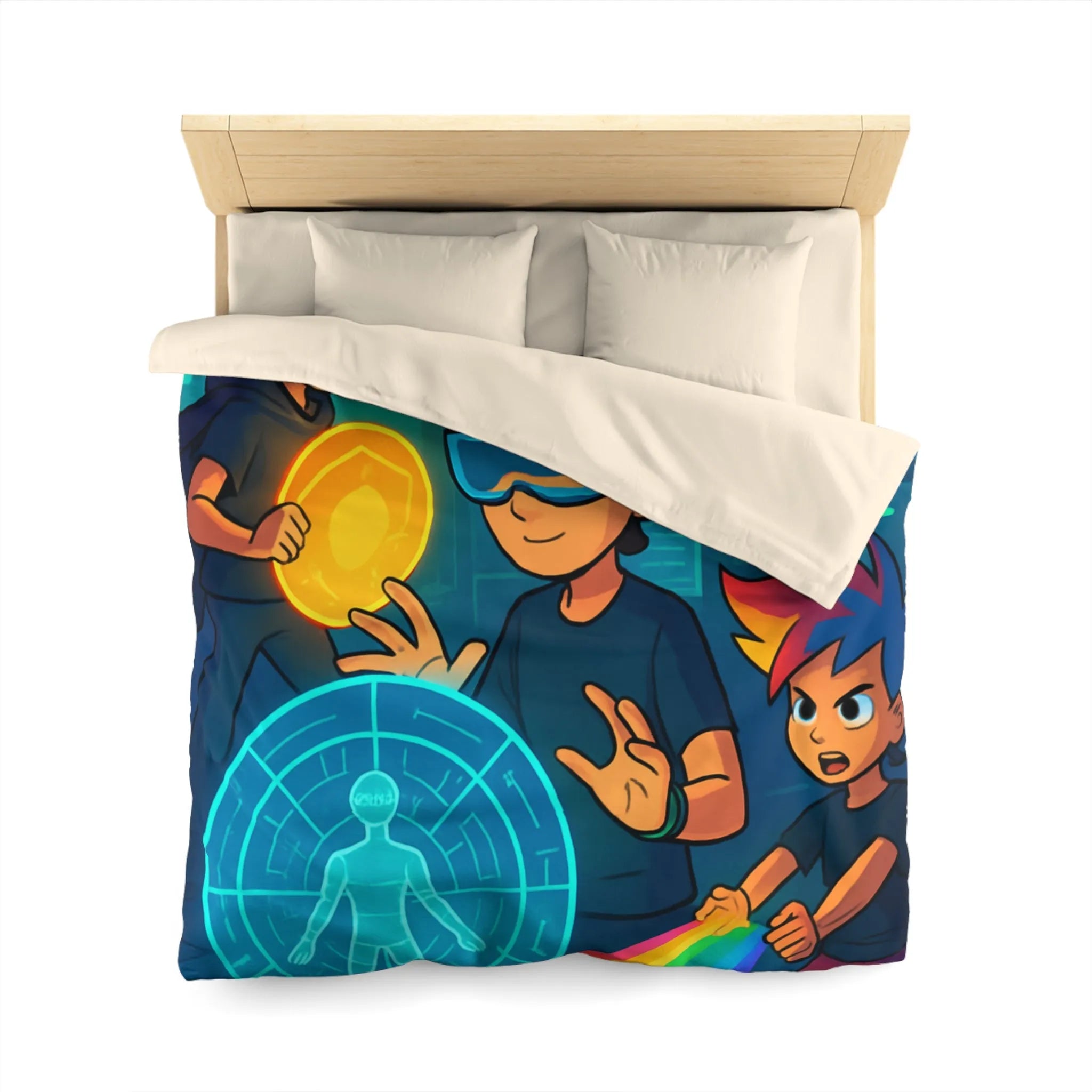 Housse de couette colorée avec enfants explorant un monde futuriste numérique et lumineux