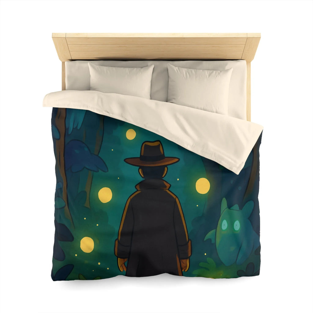 Housse de Couette Forêt Mystique avec Créatures Lumineuses et Promeneur en Chapeau