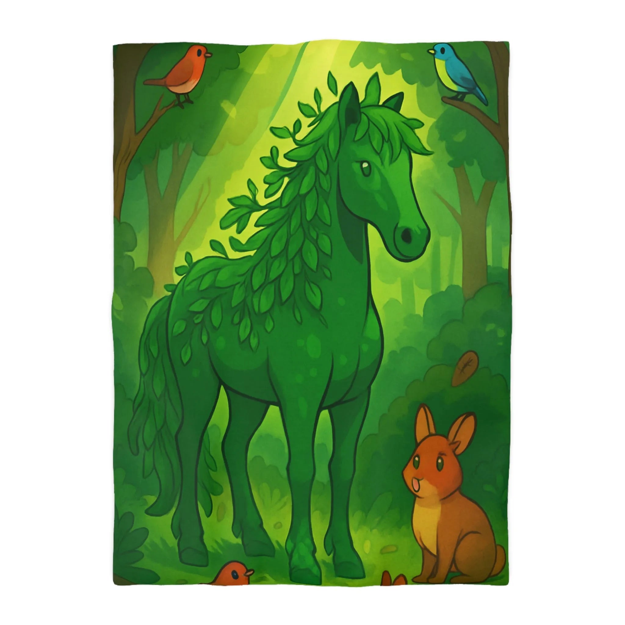 Housse de Couette Forêt Enchantée avec Cheval Vert et Animaux Sylvestres Amicaux