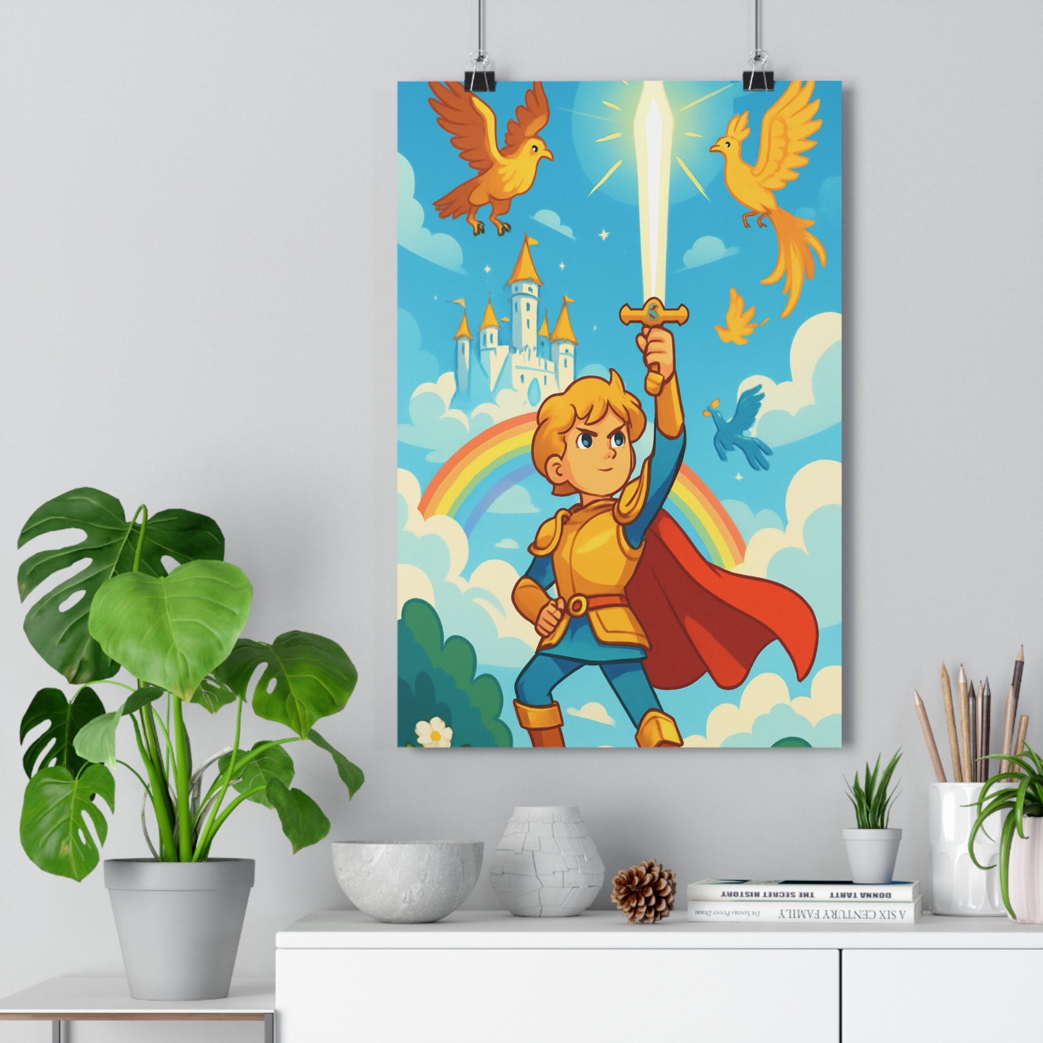 Poster décoratif héros doré épée lumineuse château nuage arcenciel fantaisie aventure chambre enfant mural