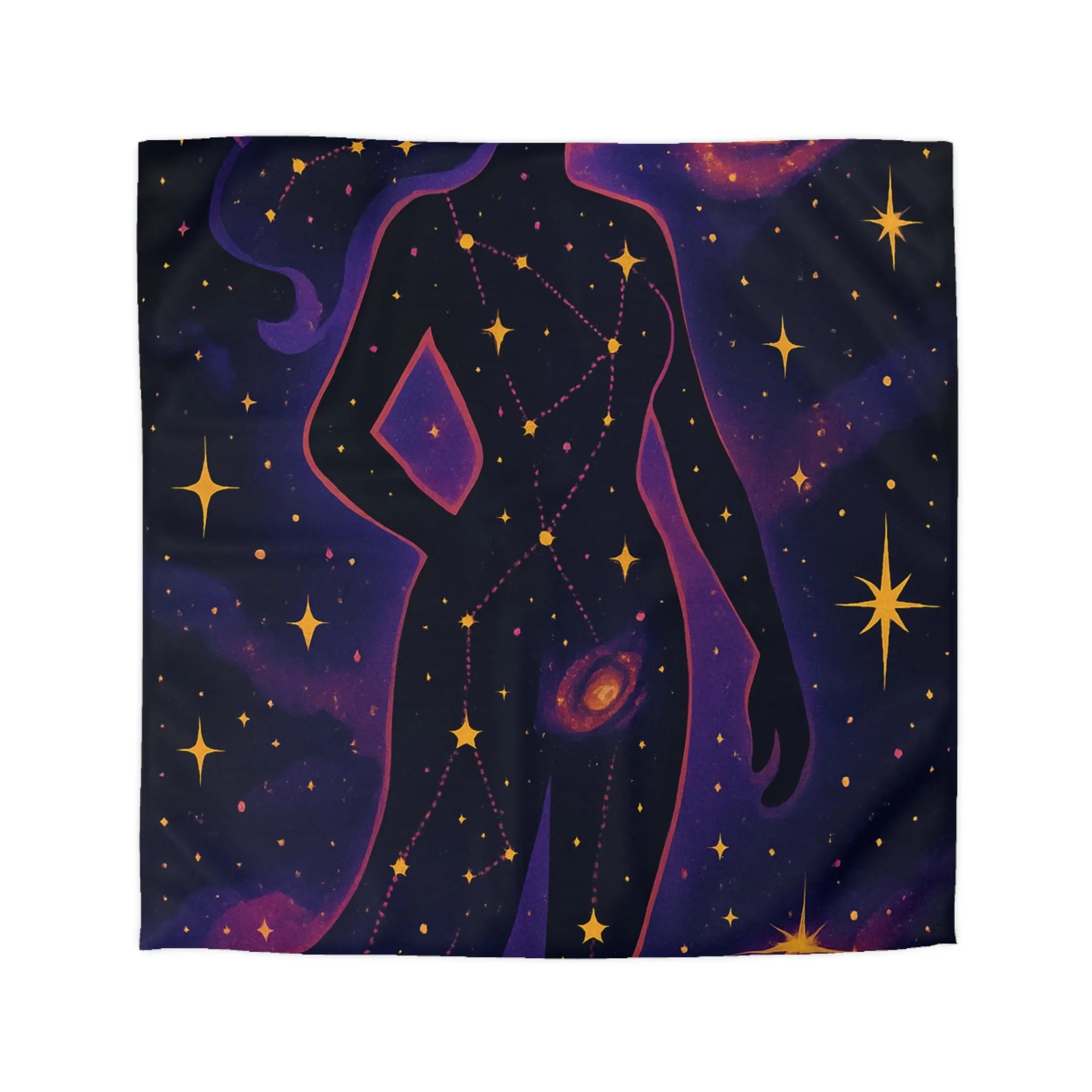 Housse de couette artistique silhouette femme constellation étoiles nébuleuses ambiance cosmique