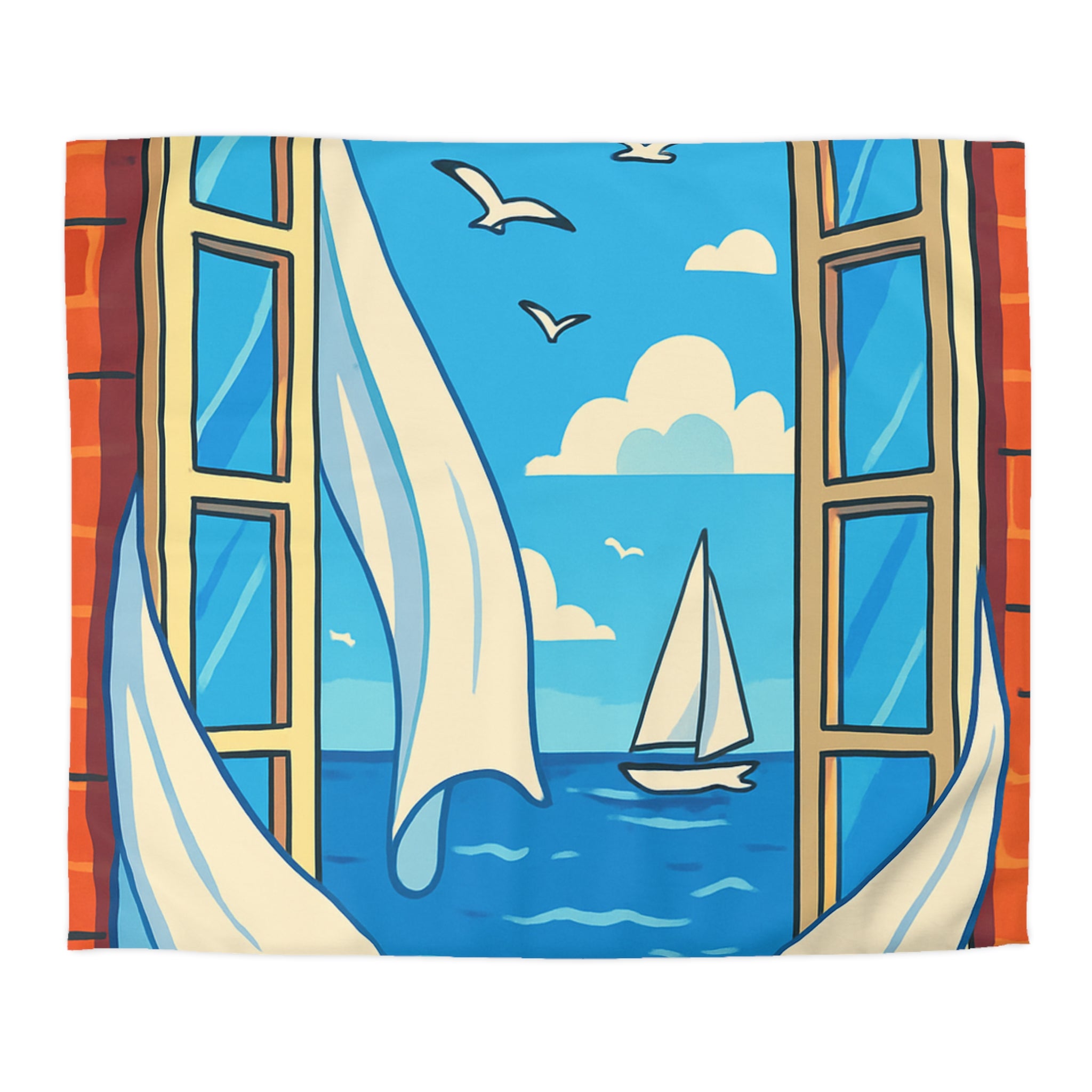 Housse de couette paysage marin fenêtre ouverte, voilier et ciel bleu serein