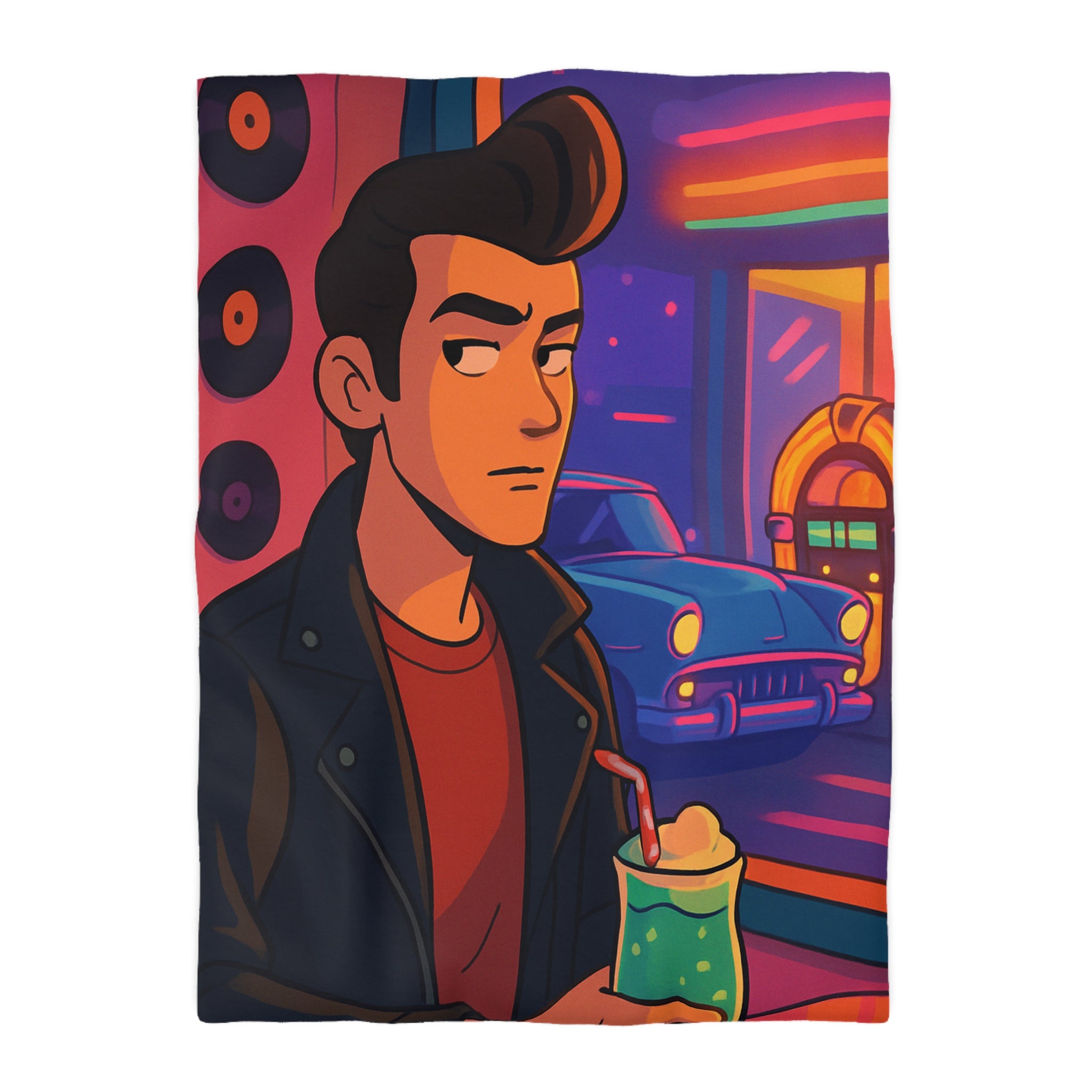 Housse de couette rétro avec voiture vintage et ambiance néon au style coloré