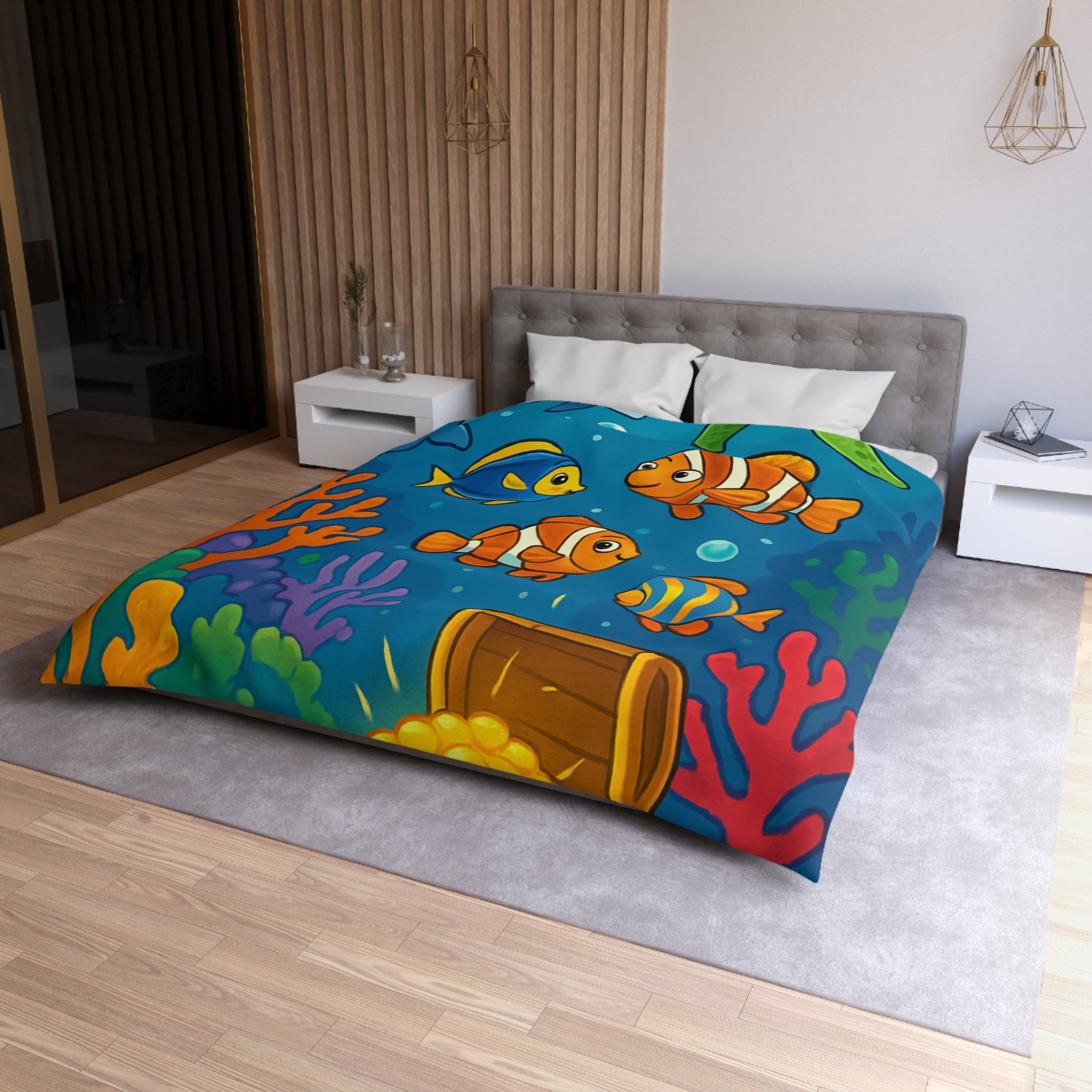 Housse de couette océan coloré avec animaux marins et coffre au trésor