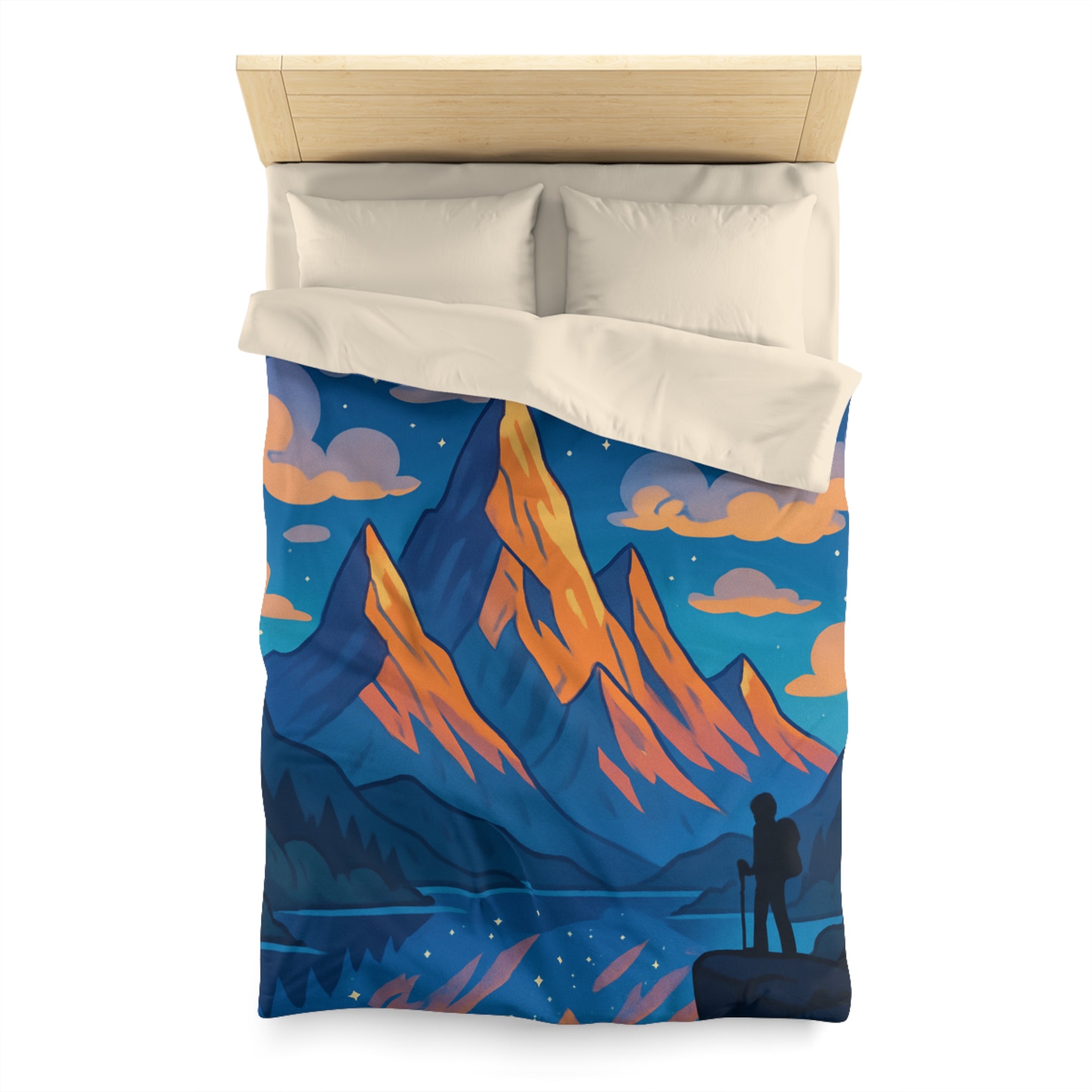 Housse de couette montagne magique avec nuages en forme d'animaux dans le ciel nocturne