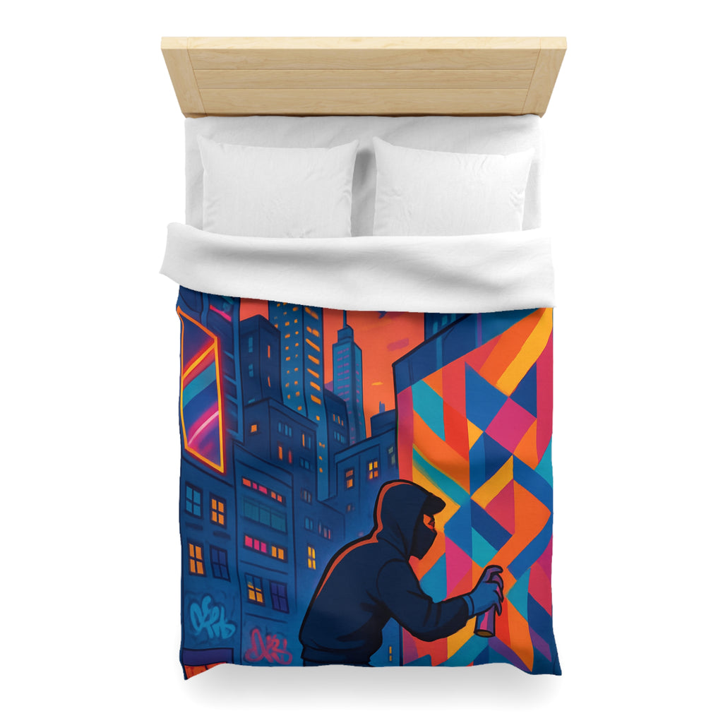 Housse de couette urbaine multicolore graffiti avec gratte-ciel et ciel crépusculaire