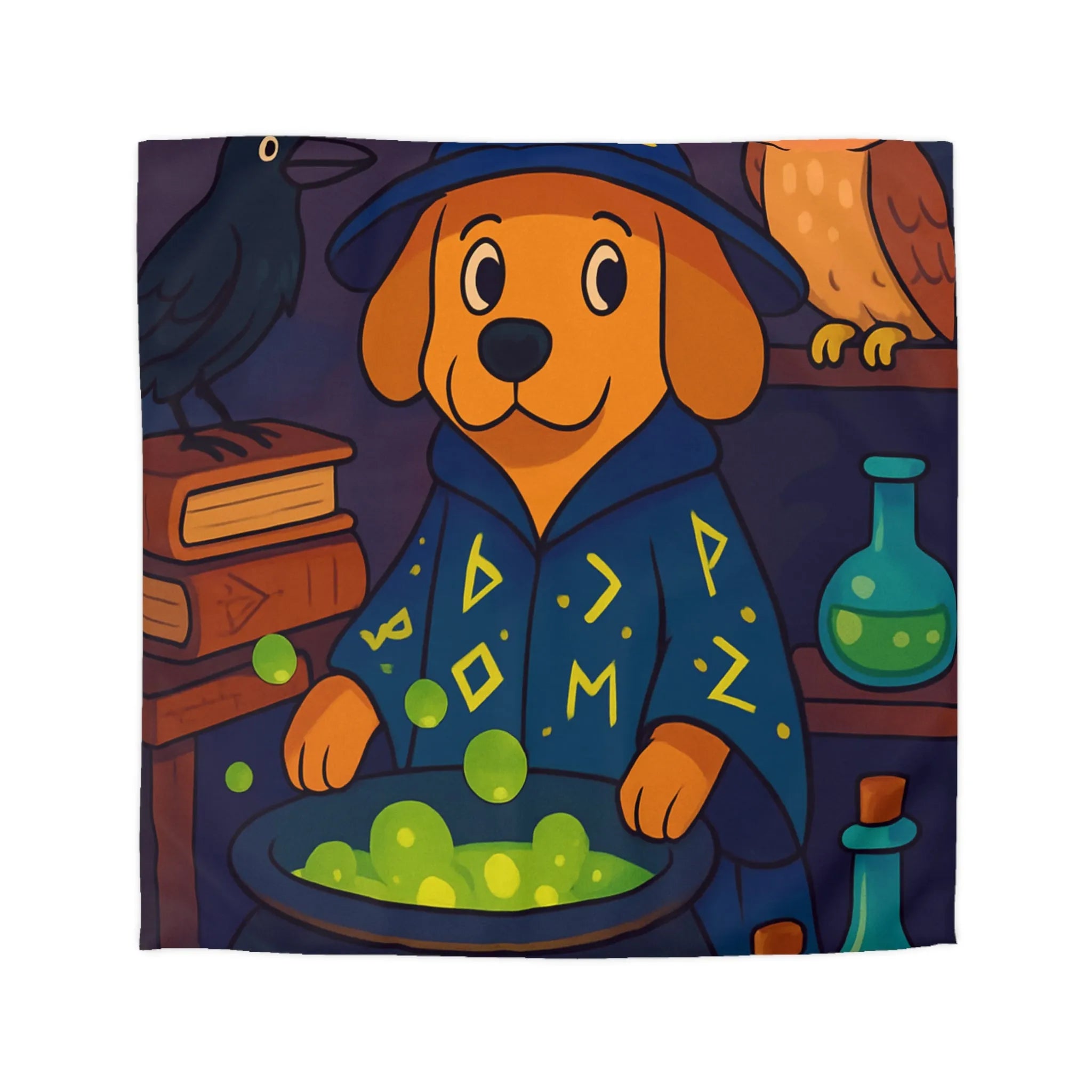 Housse de couette colorée avec chien sorcier, chaudron magique et potions enchantées