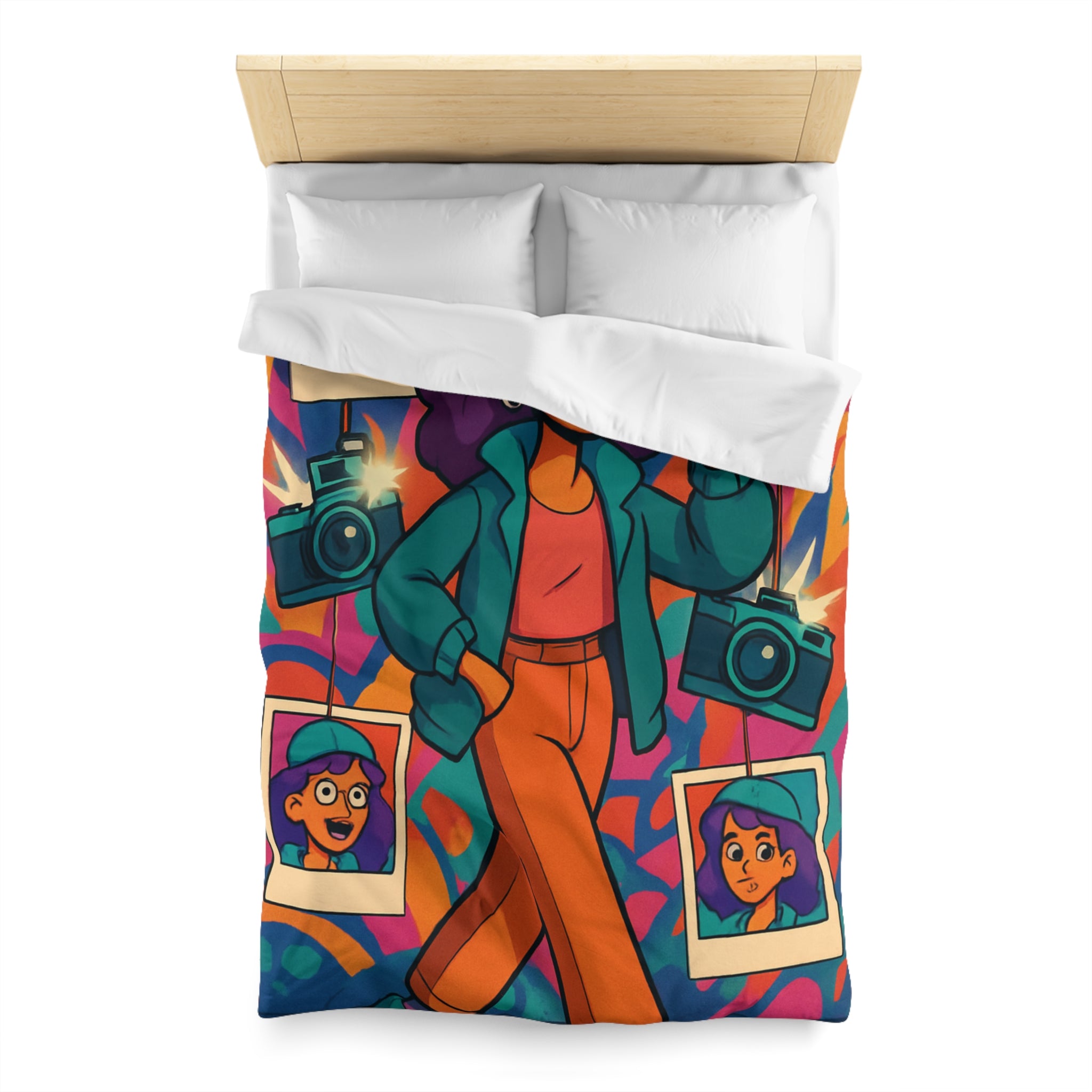 Housse de couette vivante avec personnage stylé marchant dans ambiance artistique colorée et ludique