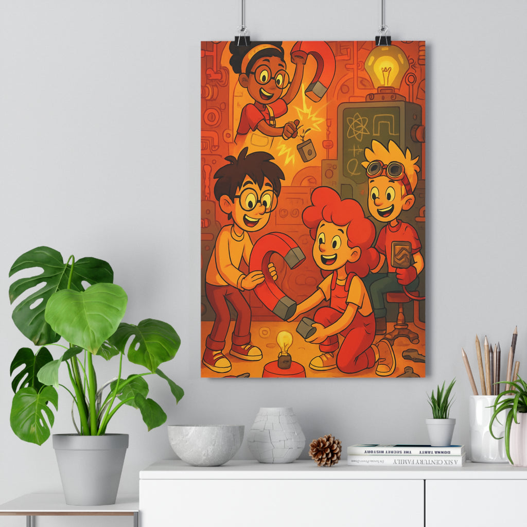 Poster décoratif enfants cartoon steampunk rouge orange atelier créatif ludique aventure innovation chambre jeu