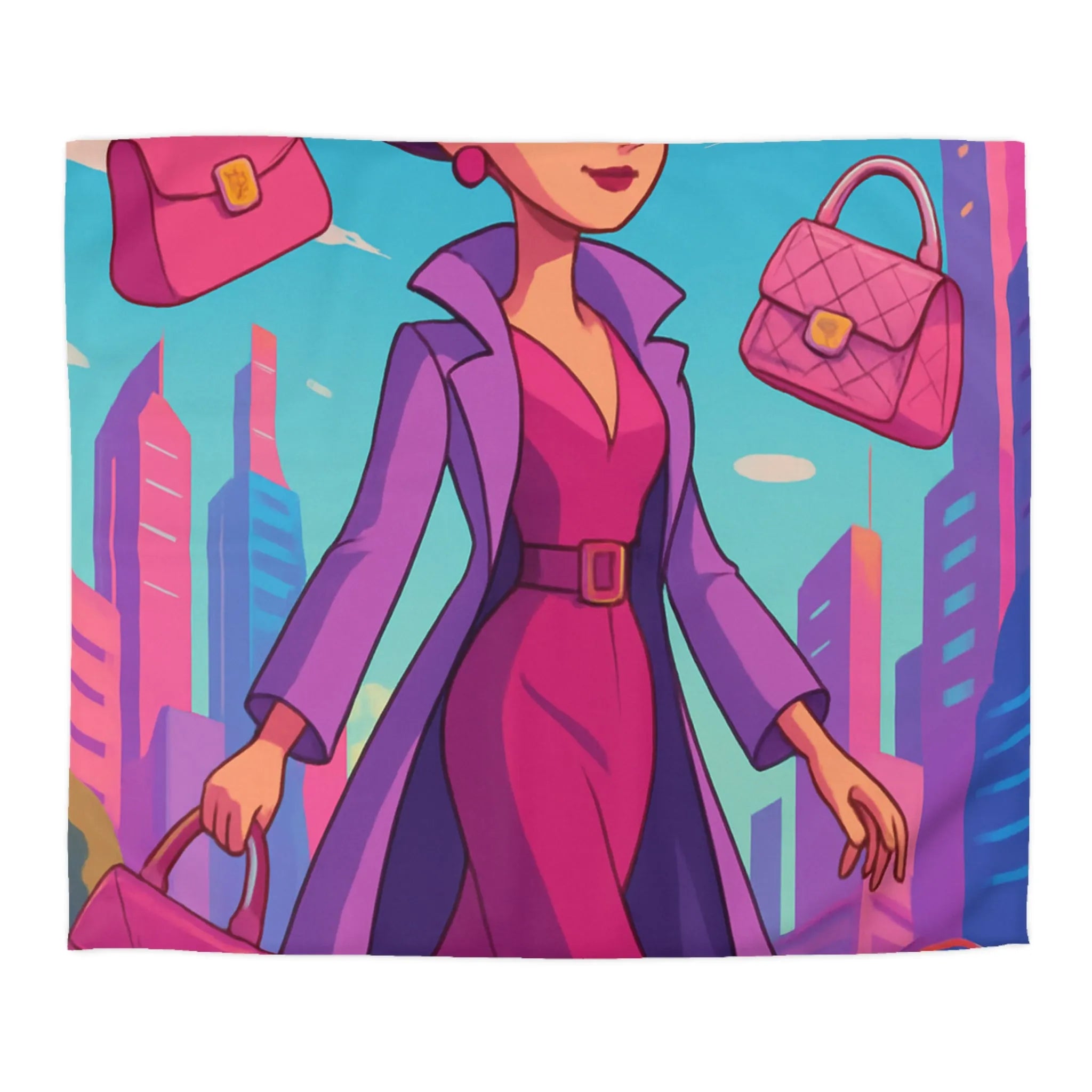 Élégante illustration urbaine rétro-futuriste avec personnage glamour et accessoires stylés en rose