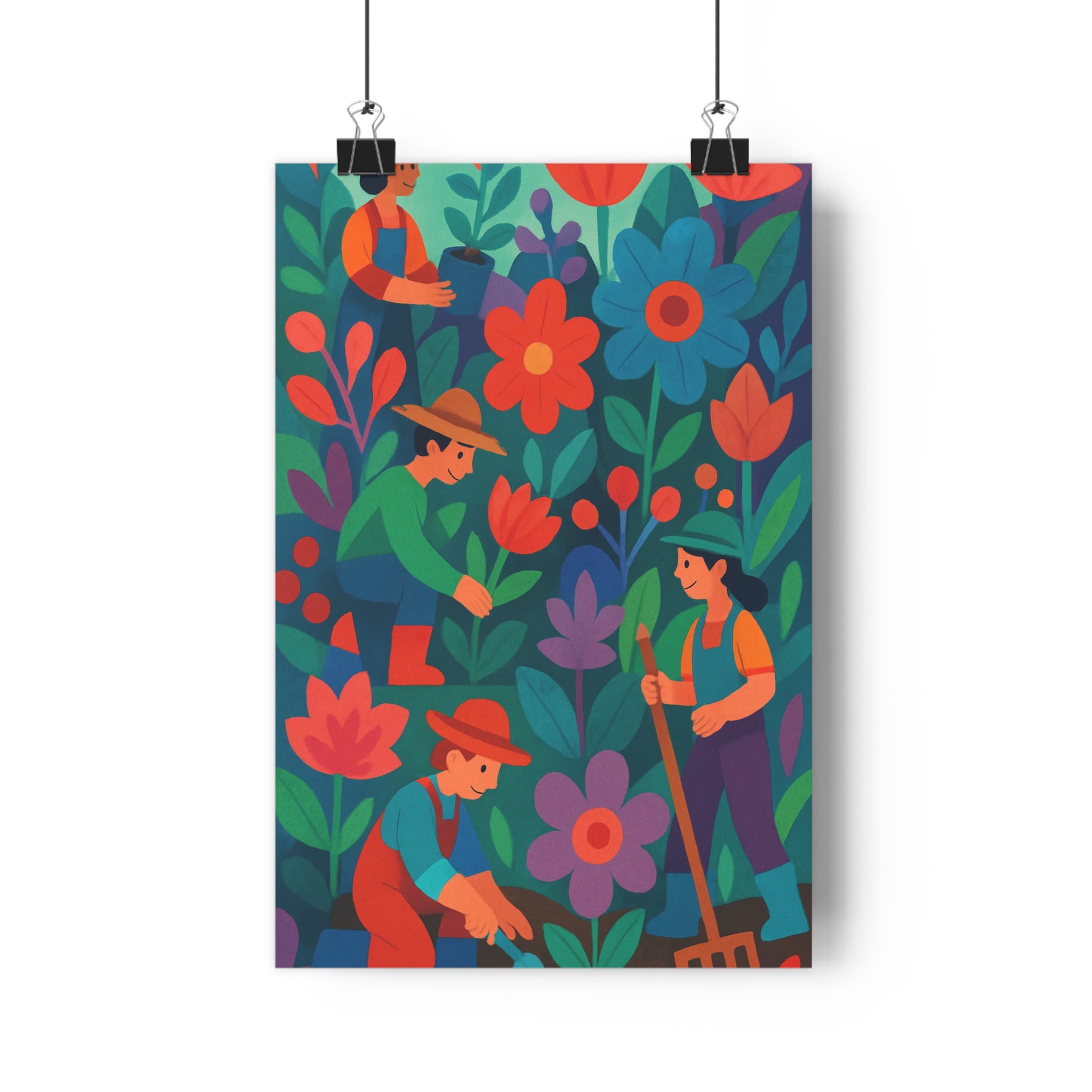 Poster décoratif vibrant floral rouge bleu violet ludique joyeux chambre salon bureau illustration jardinier