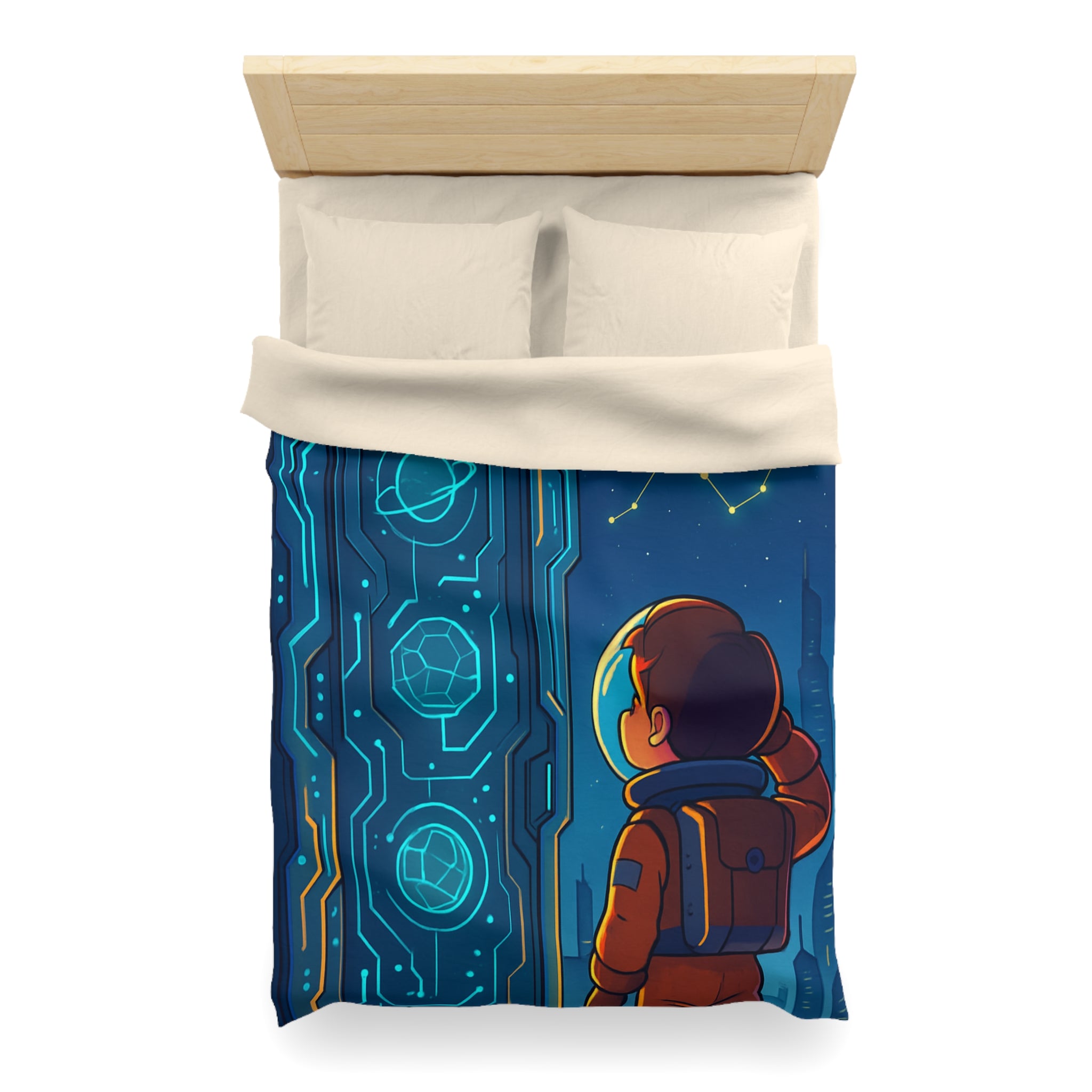 Spacieux design illustrant astronaute devant porte futuriste et constellations étoilées