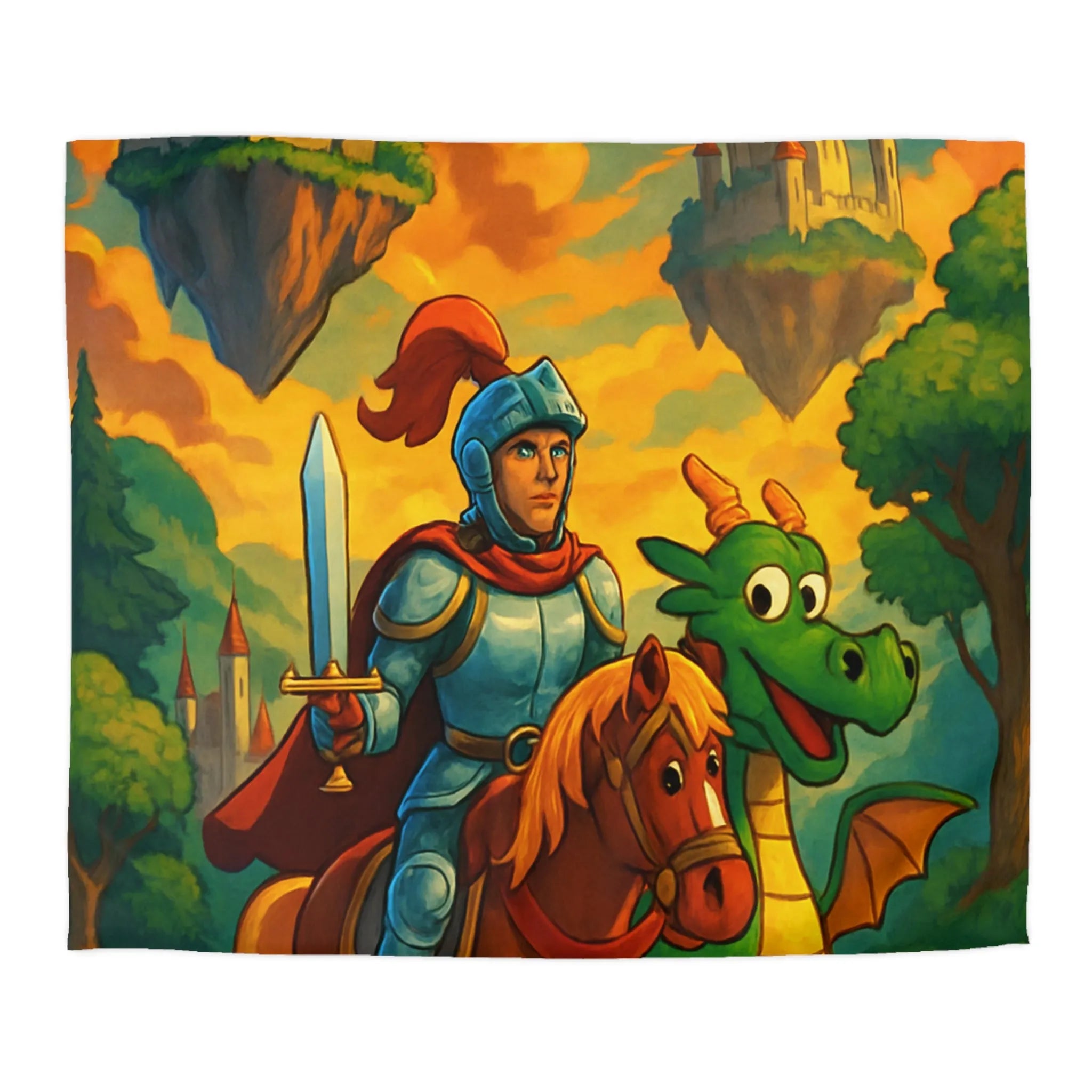 Housse de couette médiévale colorée avec chevalier, dragon et châteaux flottants fantastiques