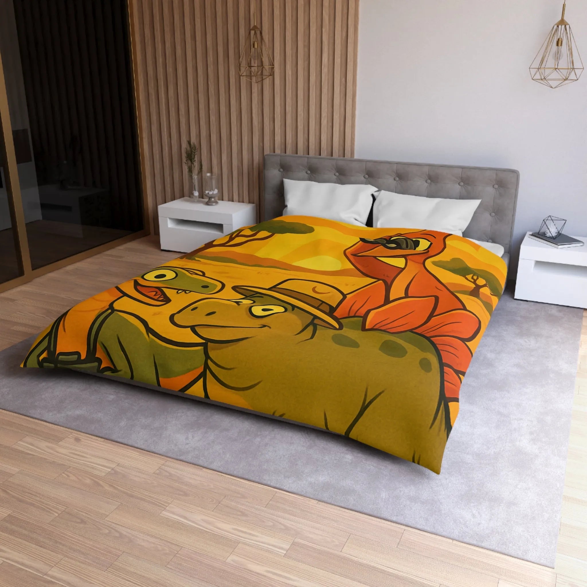 Housse de couette enfant illustrée dinosaures amusants safari coucher de soleil savane jungle