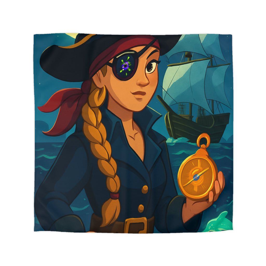 Housse de couette pirate colorée avec femme audacieuse, boussole et bateau illuminé