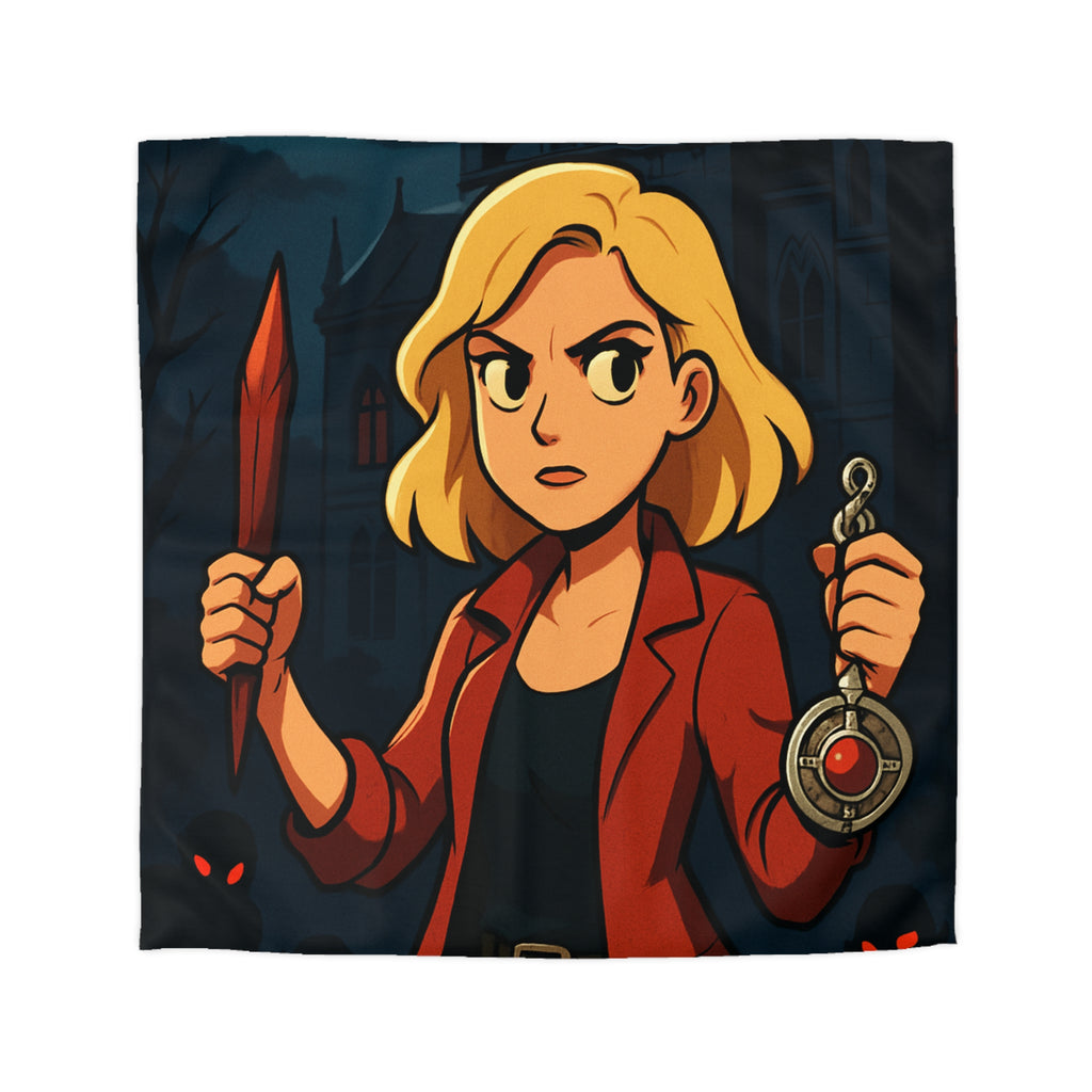 Housse de couette mystérieuse avec scène de château effrayant, pleine lune et silhouette combattive