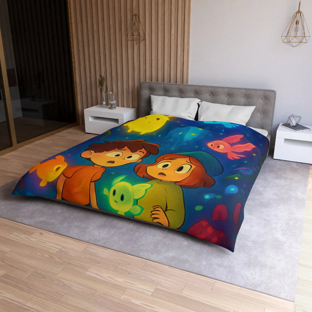 Housse de Couette Enfant Fantaisie avec Créatures Lumineuses dans Forêt Mystérieuse et Enchantée