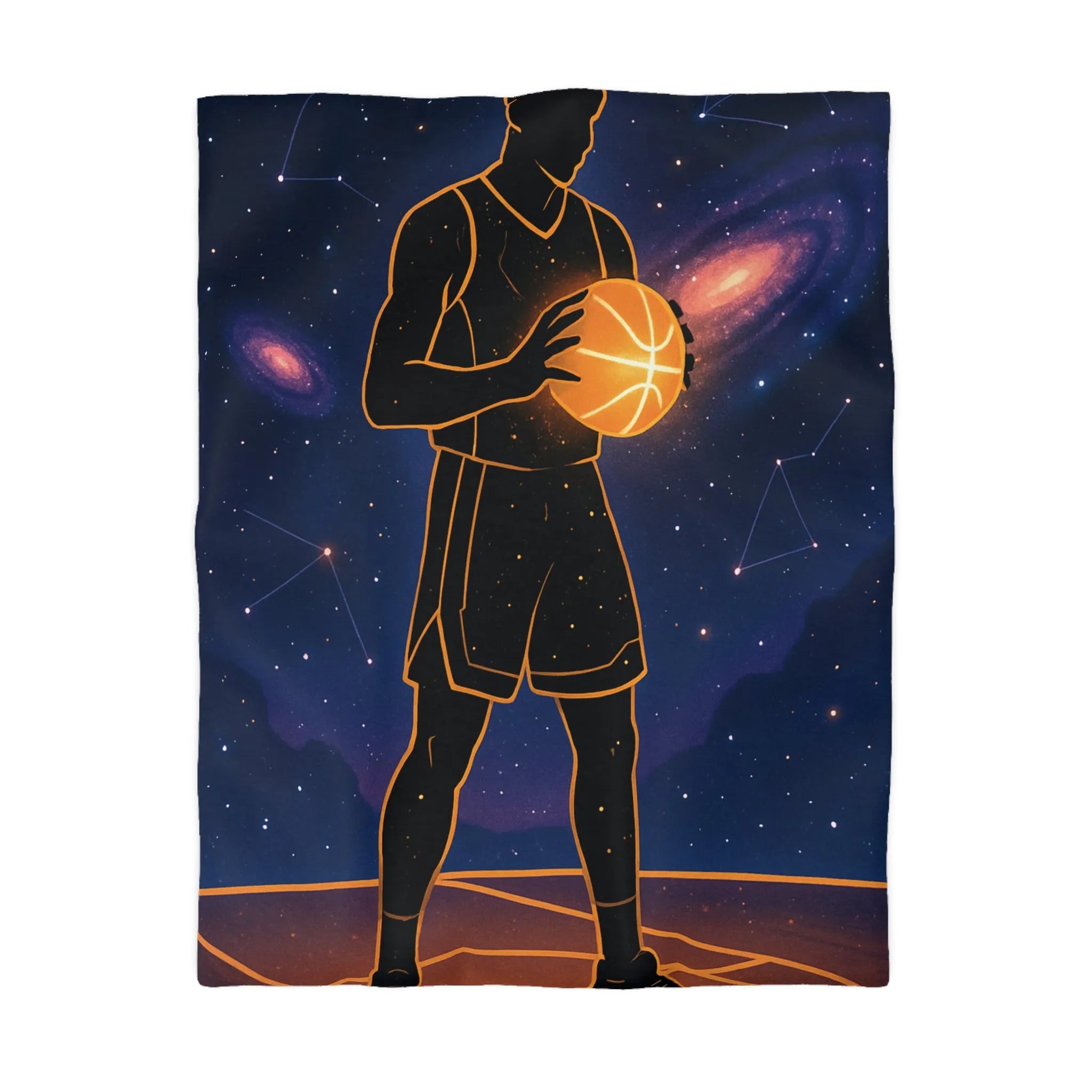 Housse De Couette Basketball Galactique Avec Joueur Silhouette Sous Ciel Étoilé Magnifique
