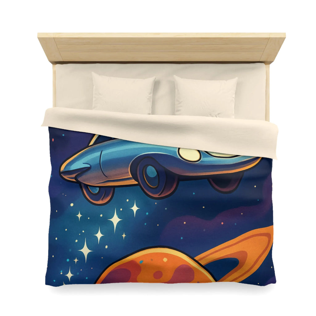 Housse de Couette Artistique Spatiale avec Voiture Volante et Planète Saturne Colorée