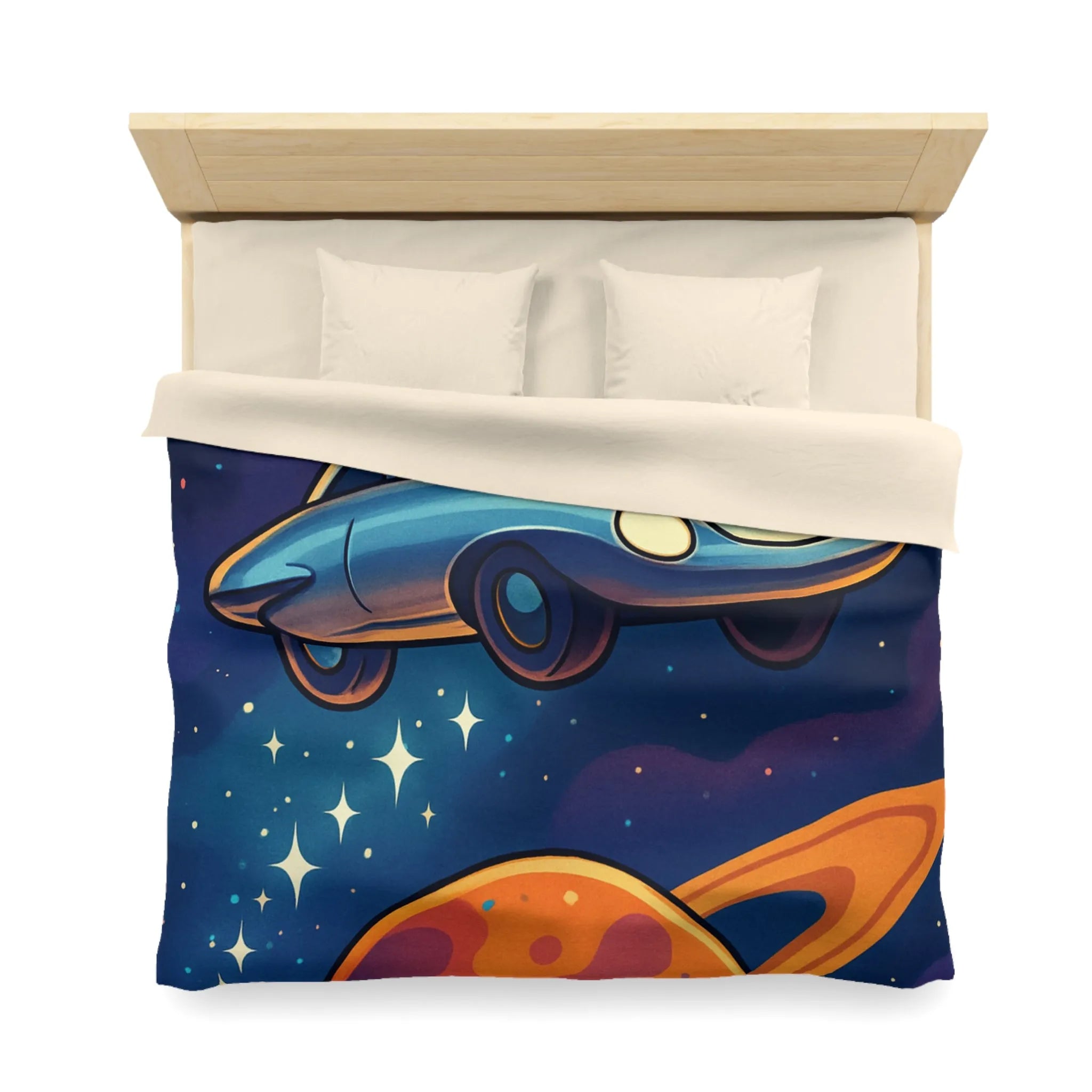 Housse de Couette Artistique Spatiale avec Voiture Volante et Planète Saturne Colorée