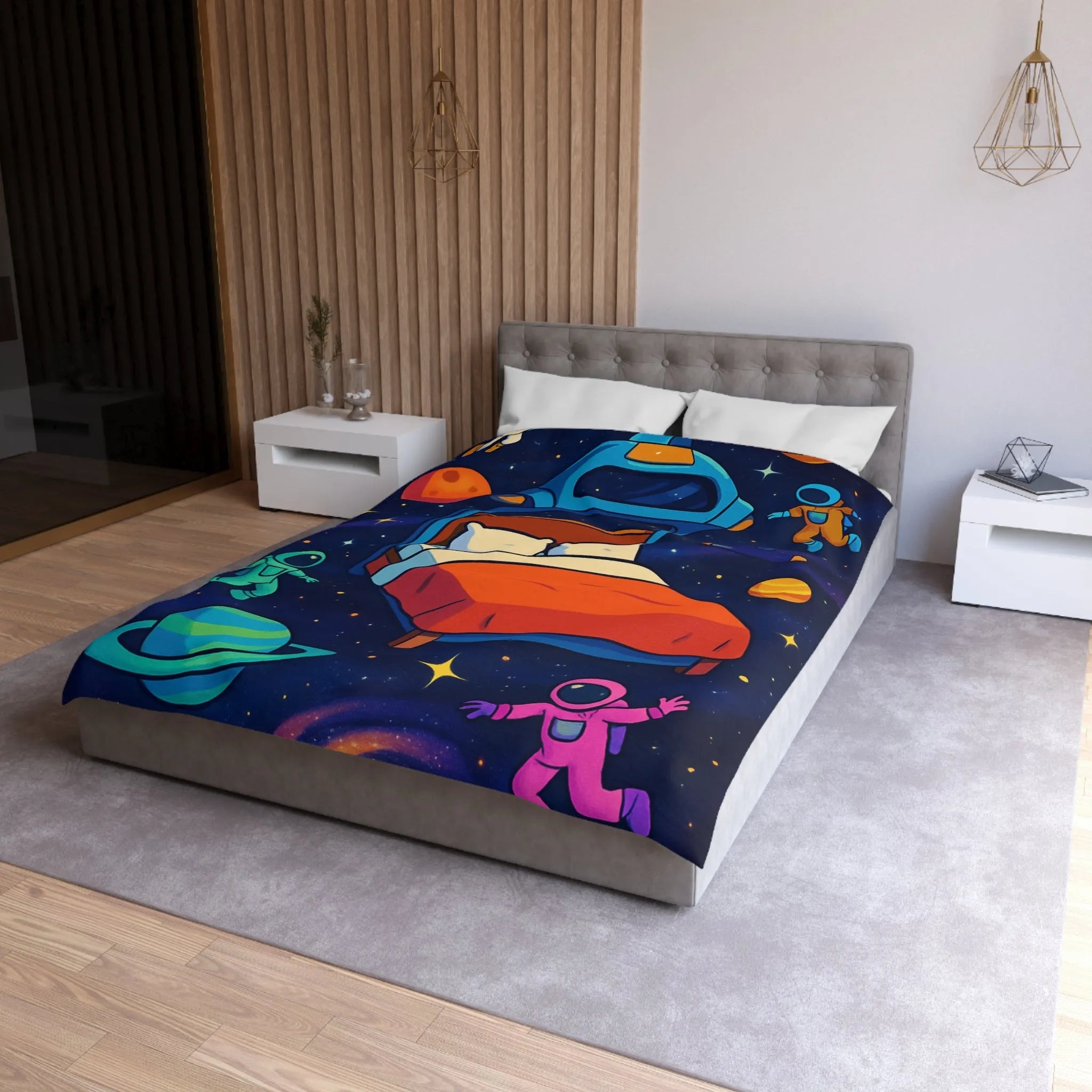 Housse de couette galaxies vibrantes avec astronautes flottants et planètes colorées pour enfants