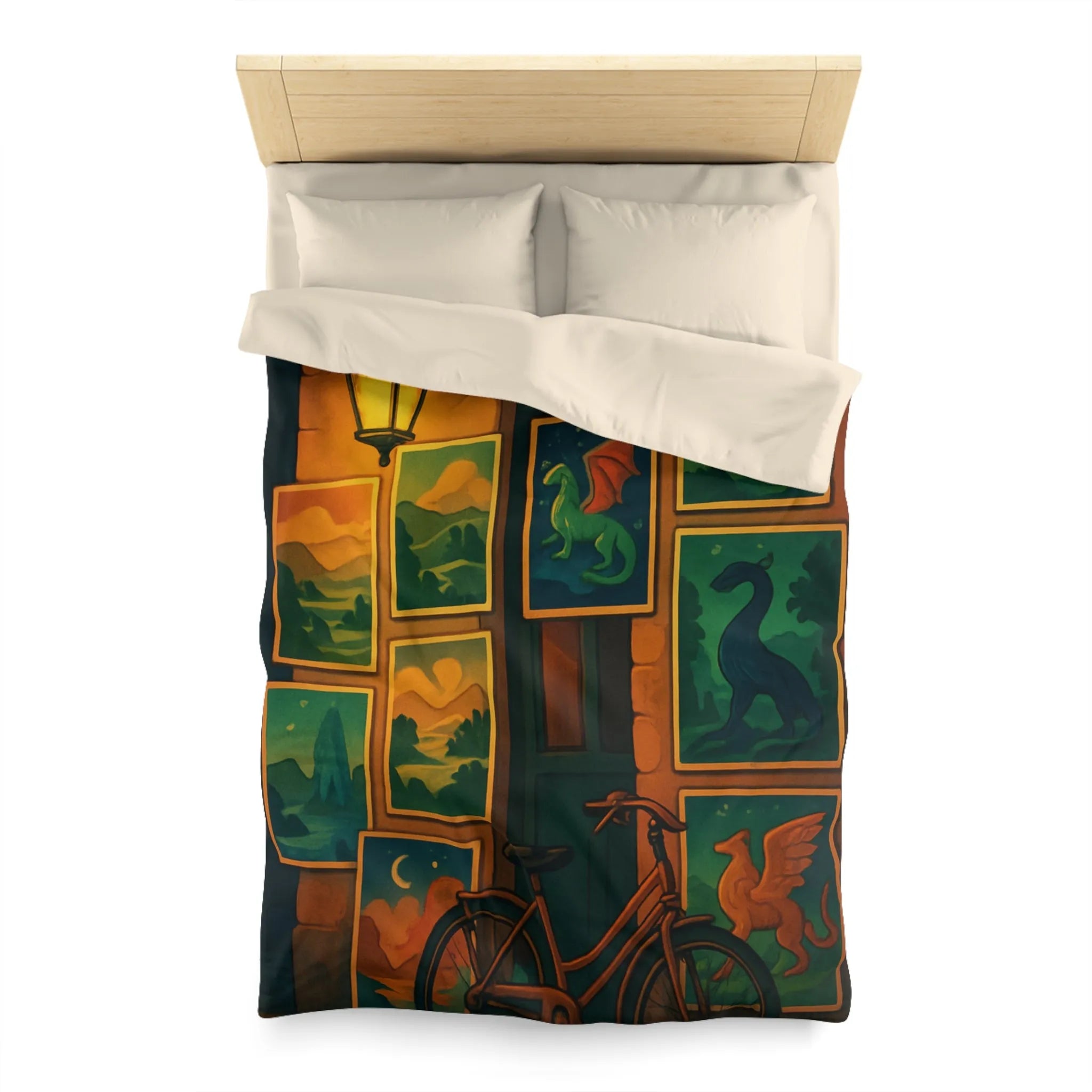 Housse de couette artistique avec dragons mythiques et paysage nocturne, ambiance mystérieuse