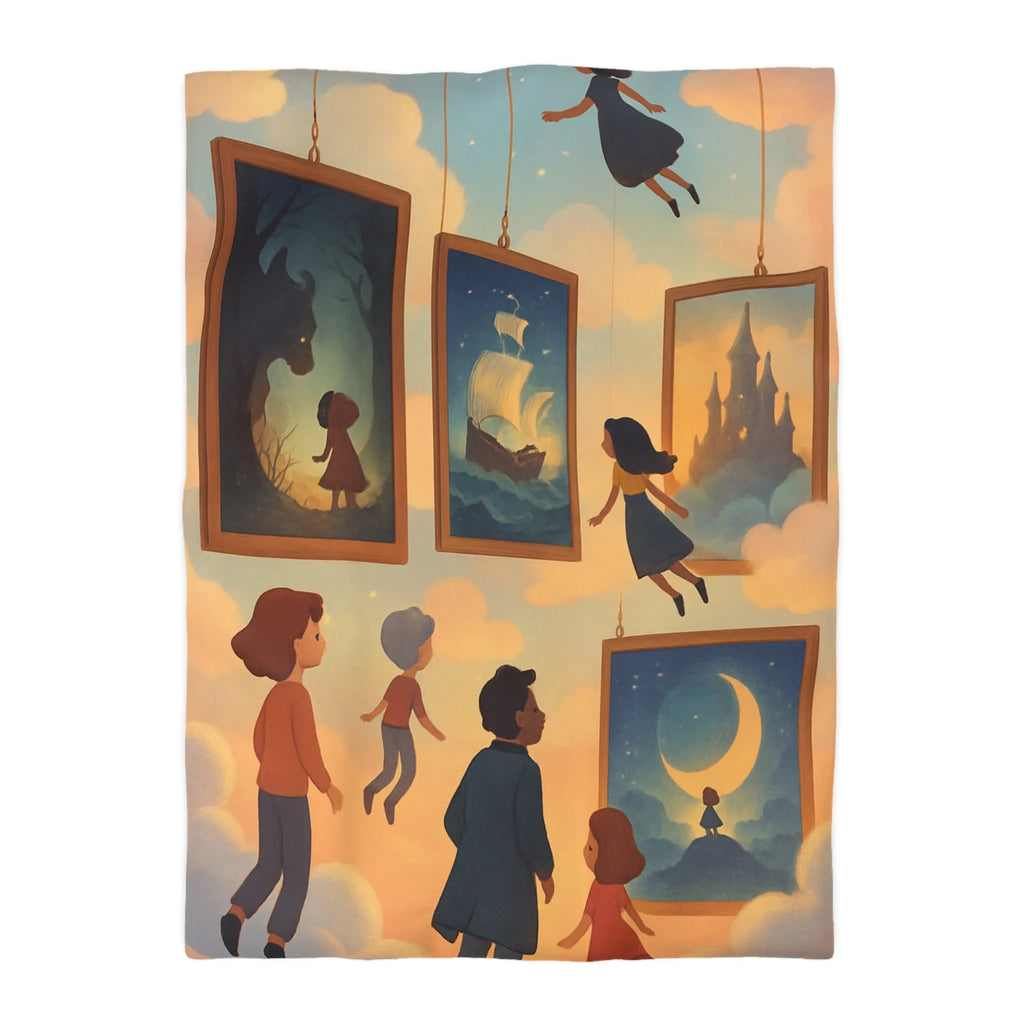 Housse de couette avec enfants volant parmi des tableaux de contes et de rêves