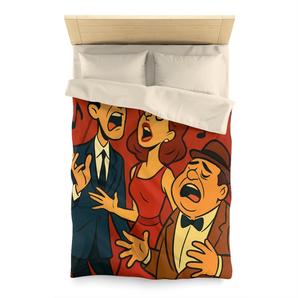 Ensemble vocal vintage animé exubérant, scène musicale rétro avec fond rouge et notes