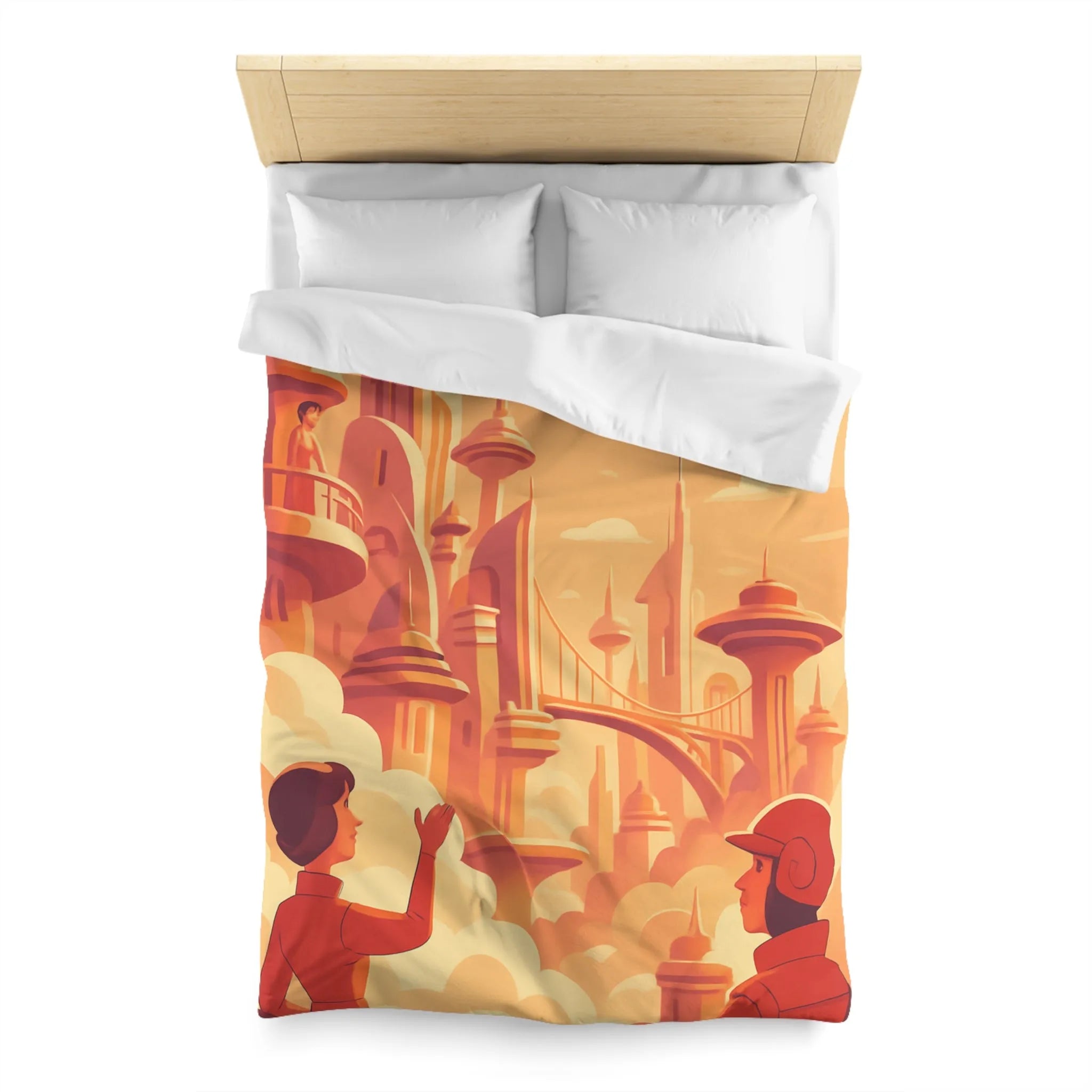 Housse de Couette Art Déco Futuriste avec Avion dans Ciel Orange et Ville Flottante