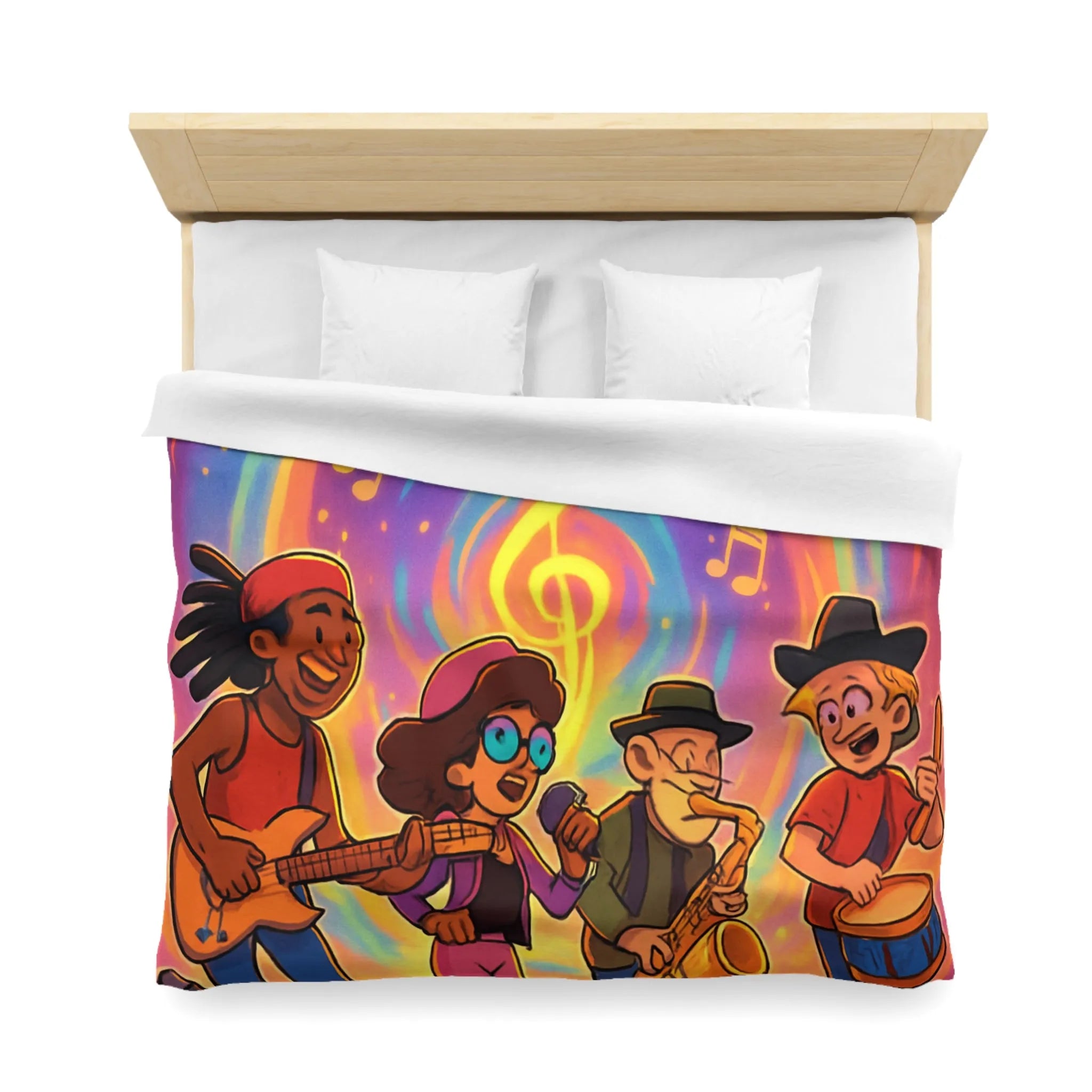Housse de couette animée avec quatre musiciens et notes colorées en spirale lumineuse