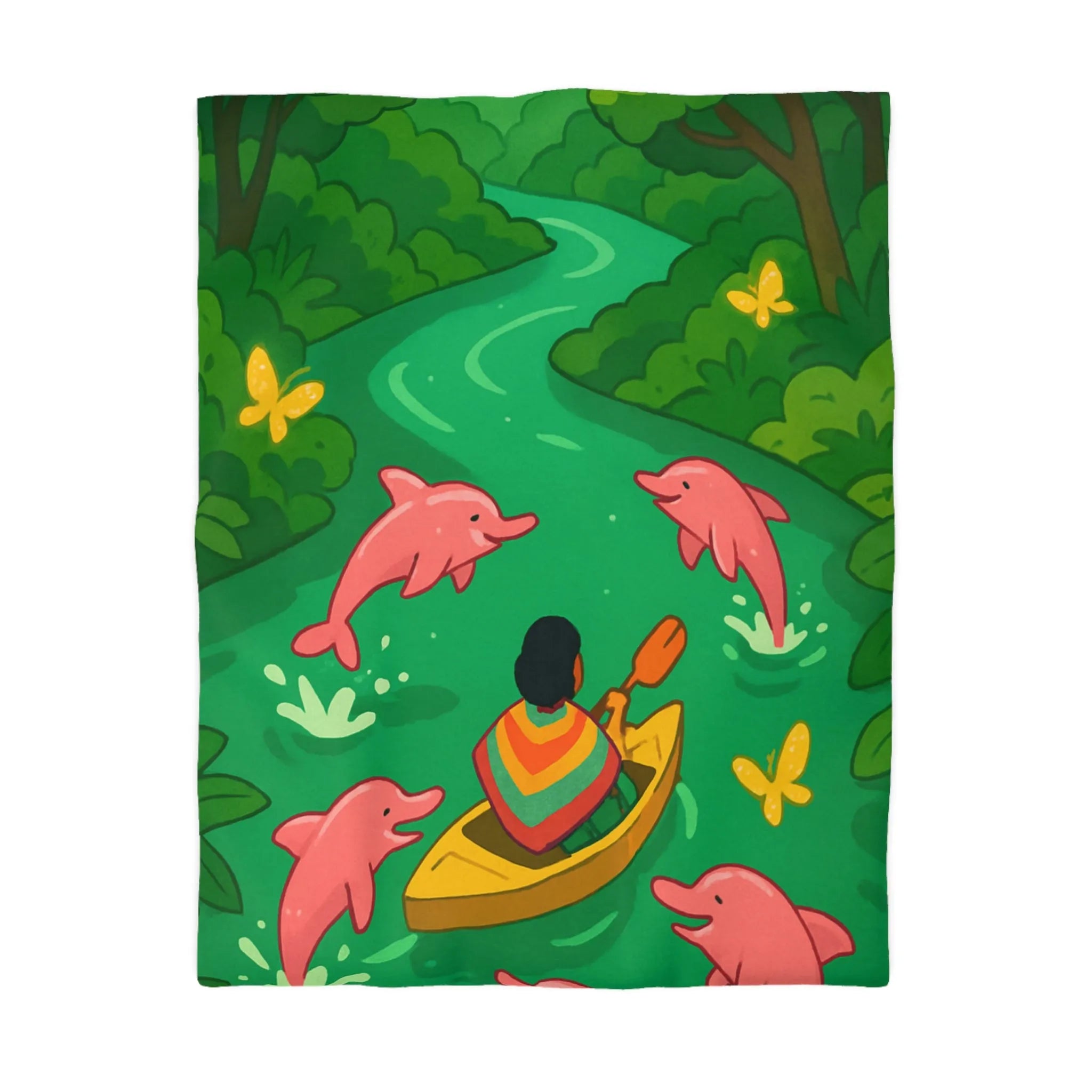 Housse de couette colorée avec dauphins roses et canoë dans une forêt tropicale