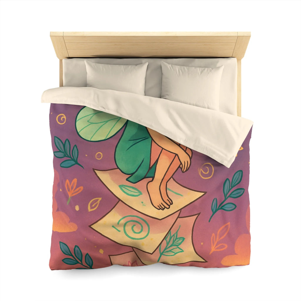 Housse de couette féerique avec fée aux ailes vertes et motifs floraux enchanteurs