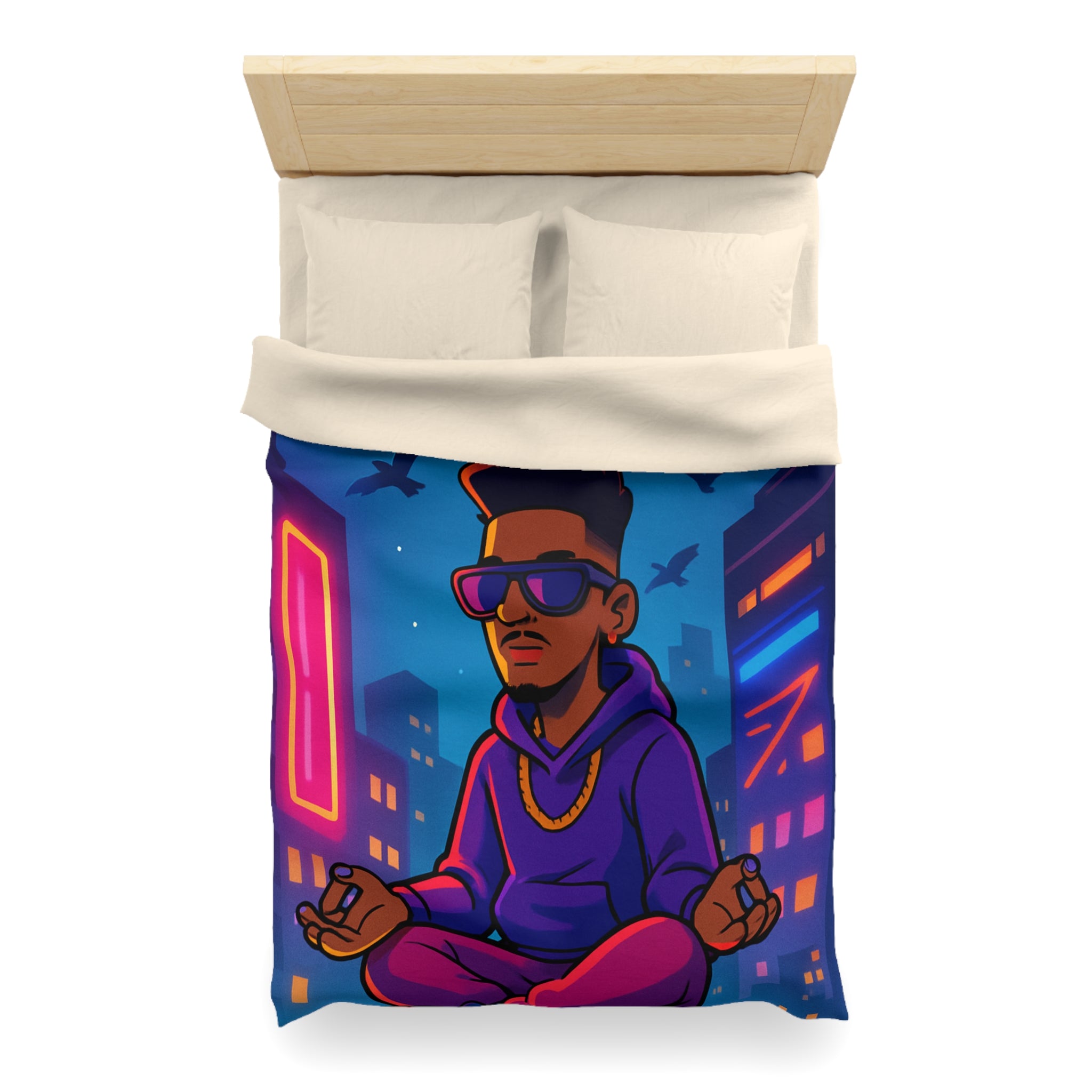 Housse de Couette Représentant Jeune Méditant Sur Toit en Ville, Pleine Lune Derrière