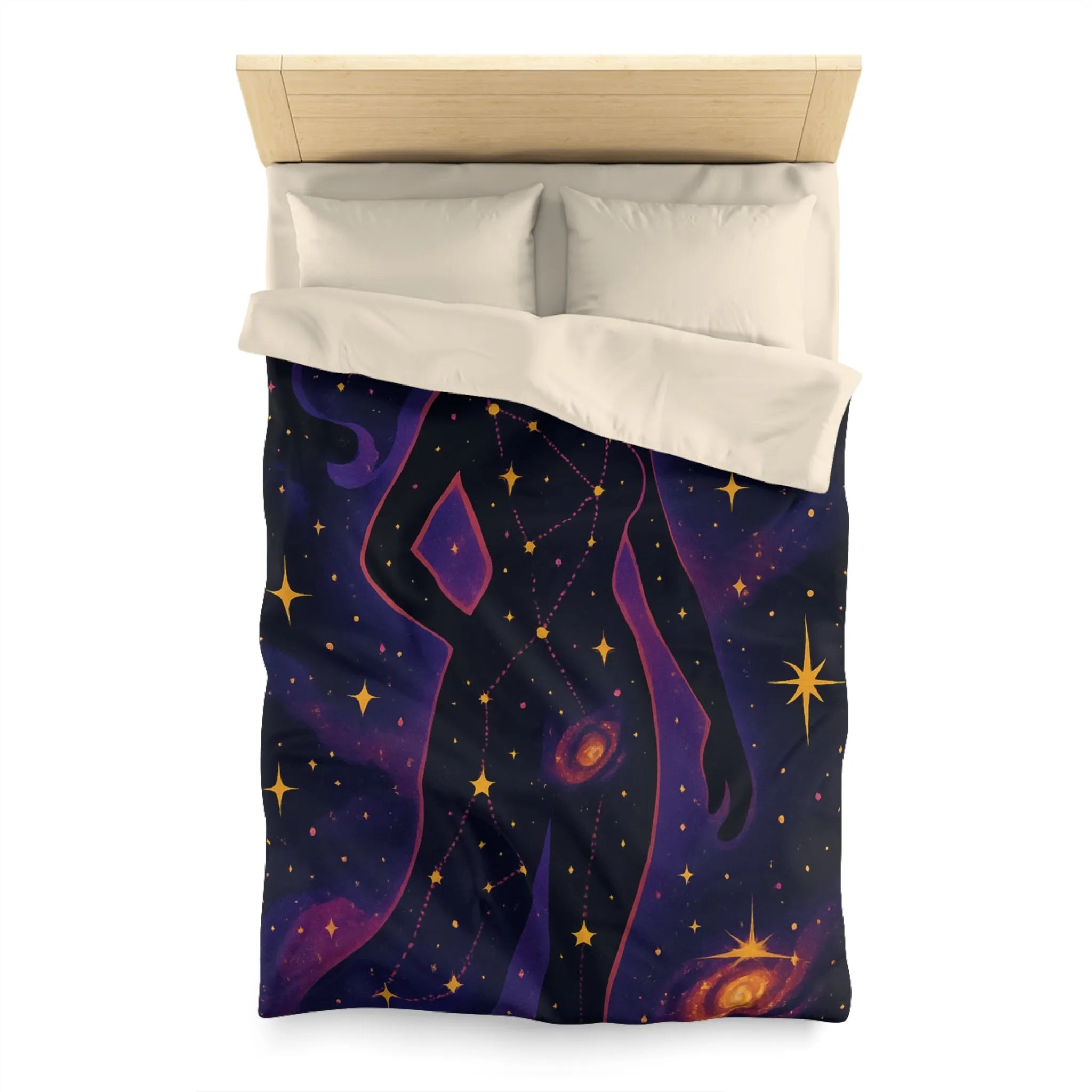Housse de couette artistique silhouette femme constellation étoiles nébuleuses ambiance cosmique