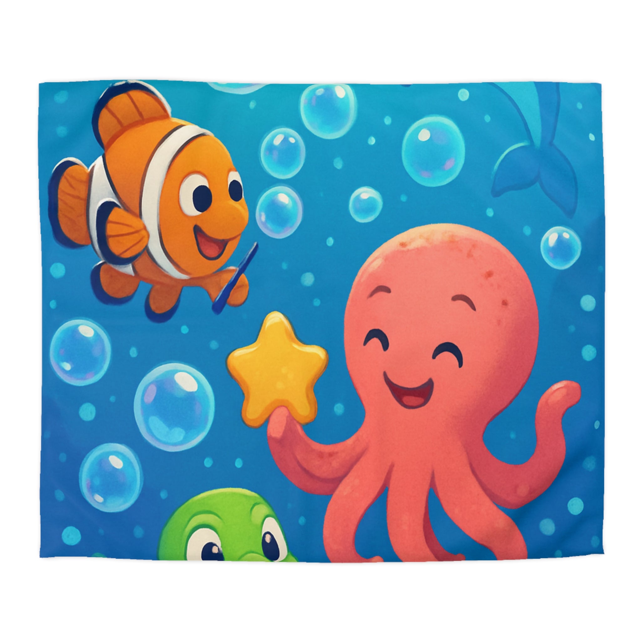 Housse de couette sous-marine avec pieuvre, dauphin, poisson clown et tortue joyeuse