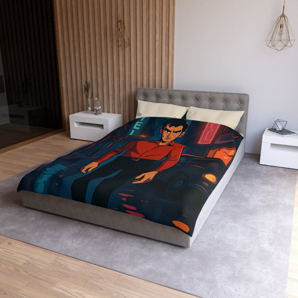 Housse de couette urbaine nocturne avec homme mystérieux et néons colorés