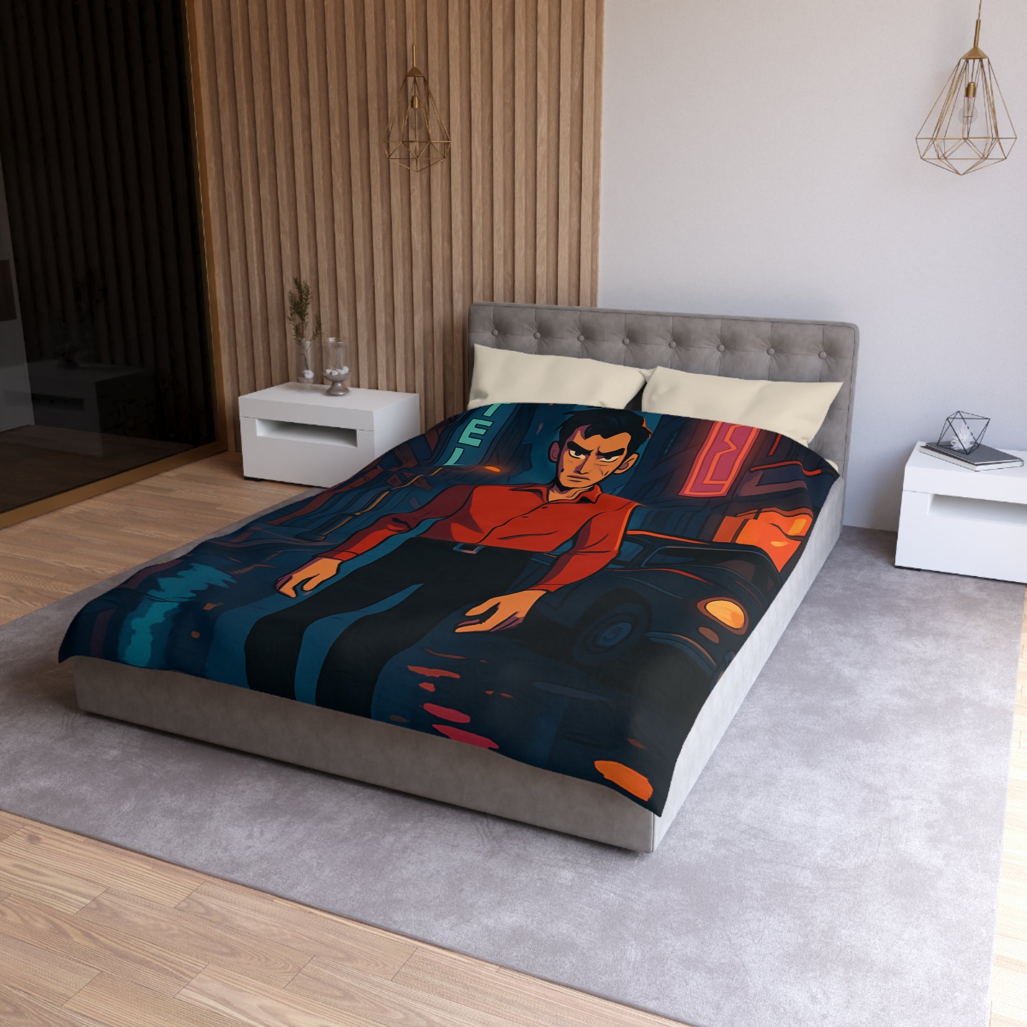 Housse de couette urbaine nocturne avec homme mystérieux et néons colorés