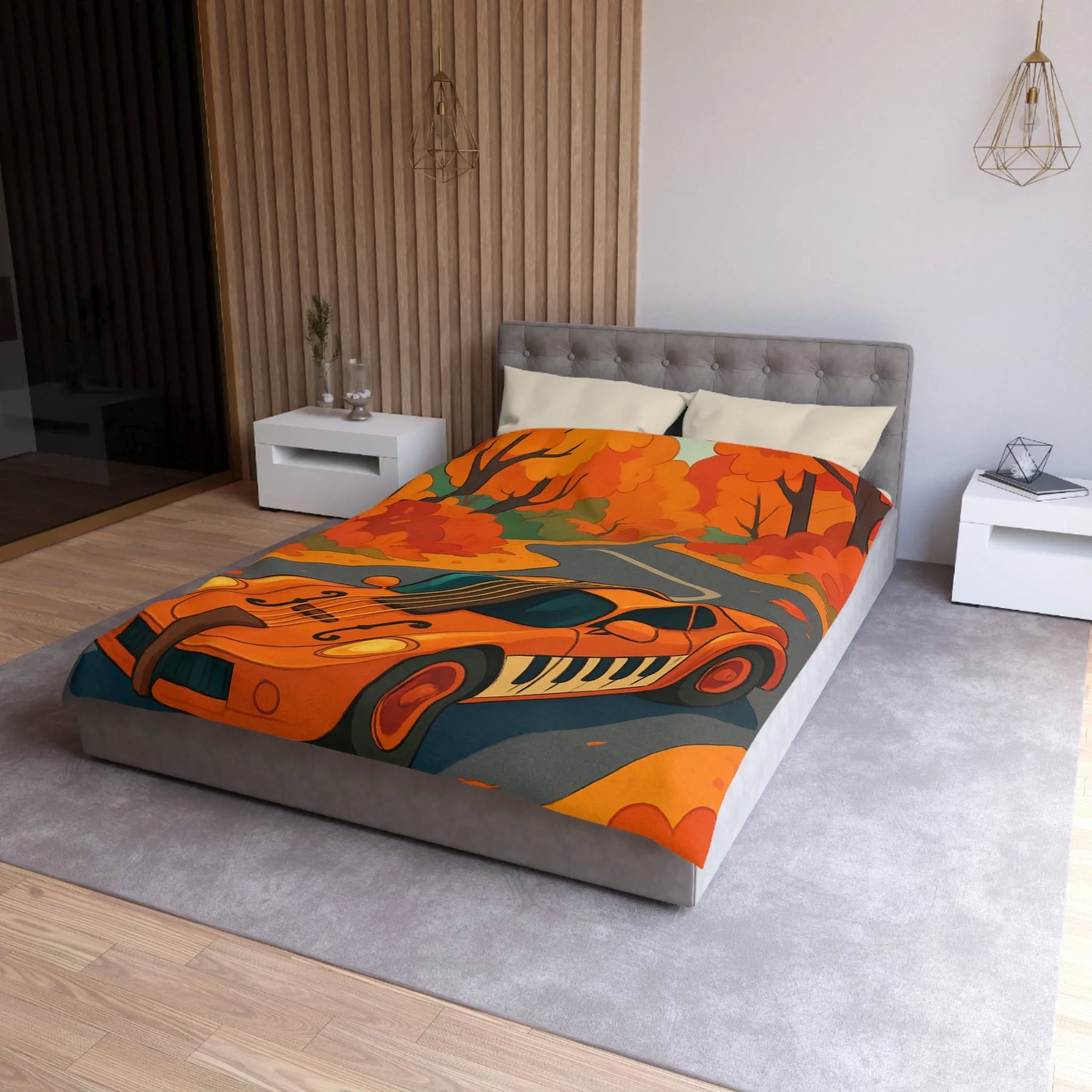 Housse de Couette Automne avec Voiture et Forêt aux Couleurs Vibrantes pour Chambre Chic