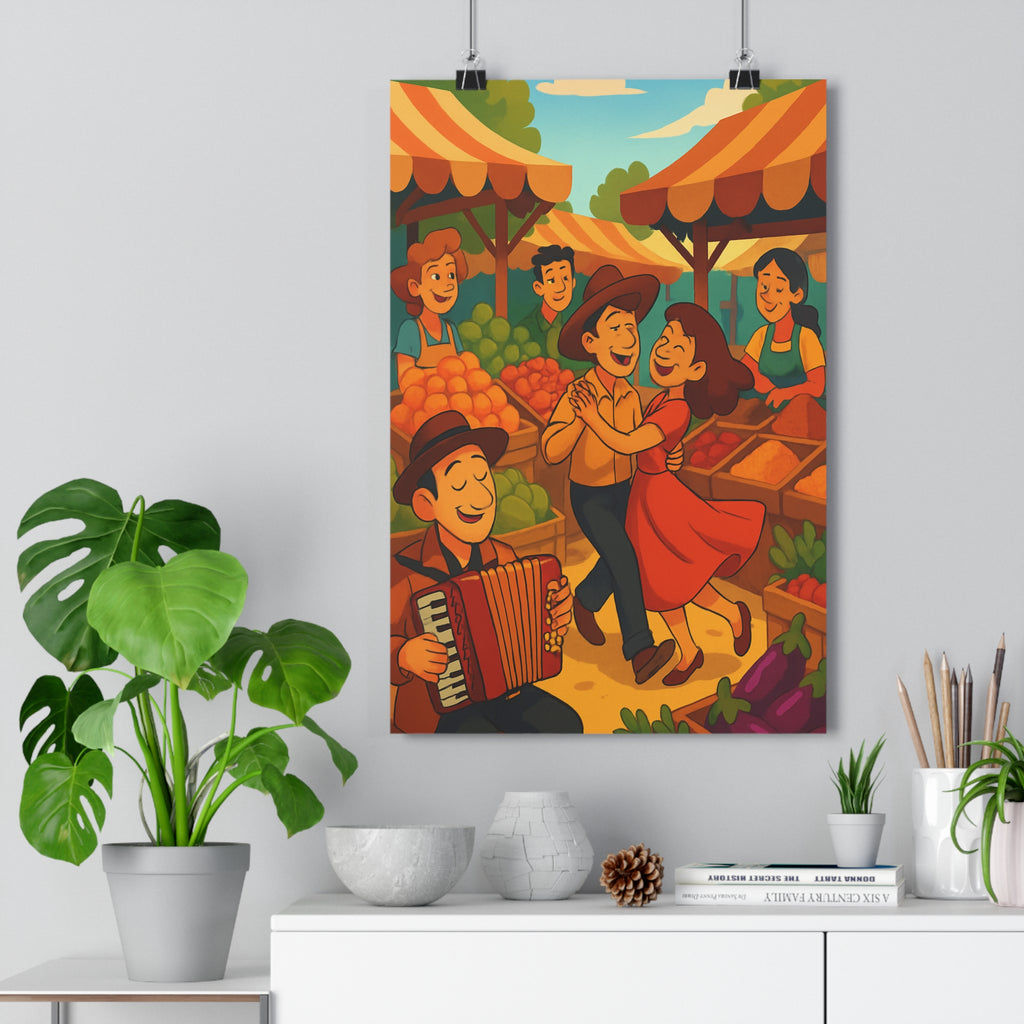 Poster décoratif coloré marché animé joyeux cartoon fruits légumes chambre salon vibrant artistique qualité