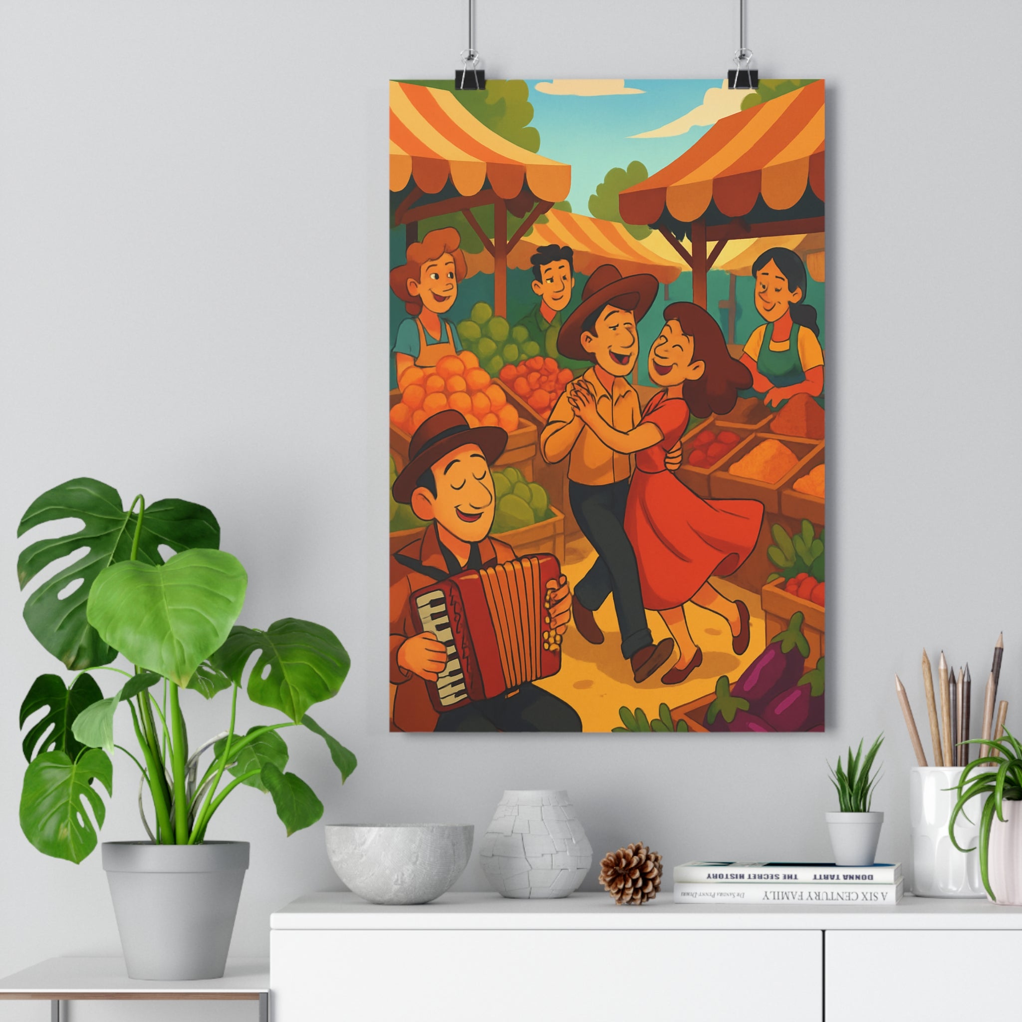 Poster décoratif coloré marché animé joyeux cartoon fruits légumes chambre salon vibrant artistique qualité